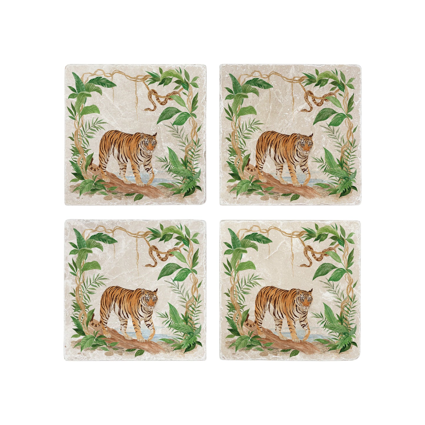 Welcoming our Rainforest Design, surrounded by the rainforest leaves and vines. Capture our Tiger and Python quietly prowling through the Rainforest, Illustrated in our original watercolour designs on our set of 4 coasters.