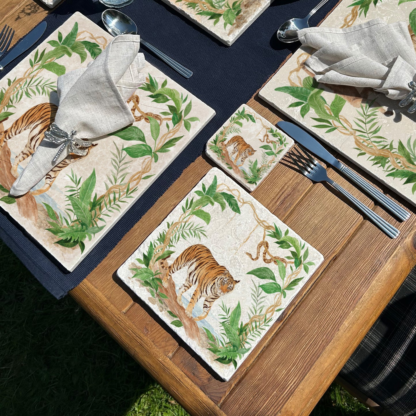 Welcoming our Rainforest Design, surrounded by the rainforest leaves and vines. Capture our Tiger and Python quietly prowling through the Rainforest, Illustrated in our original watercolour designs on our Medium Placemat.