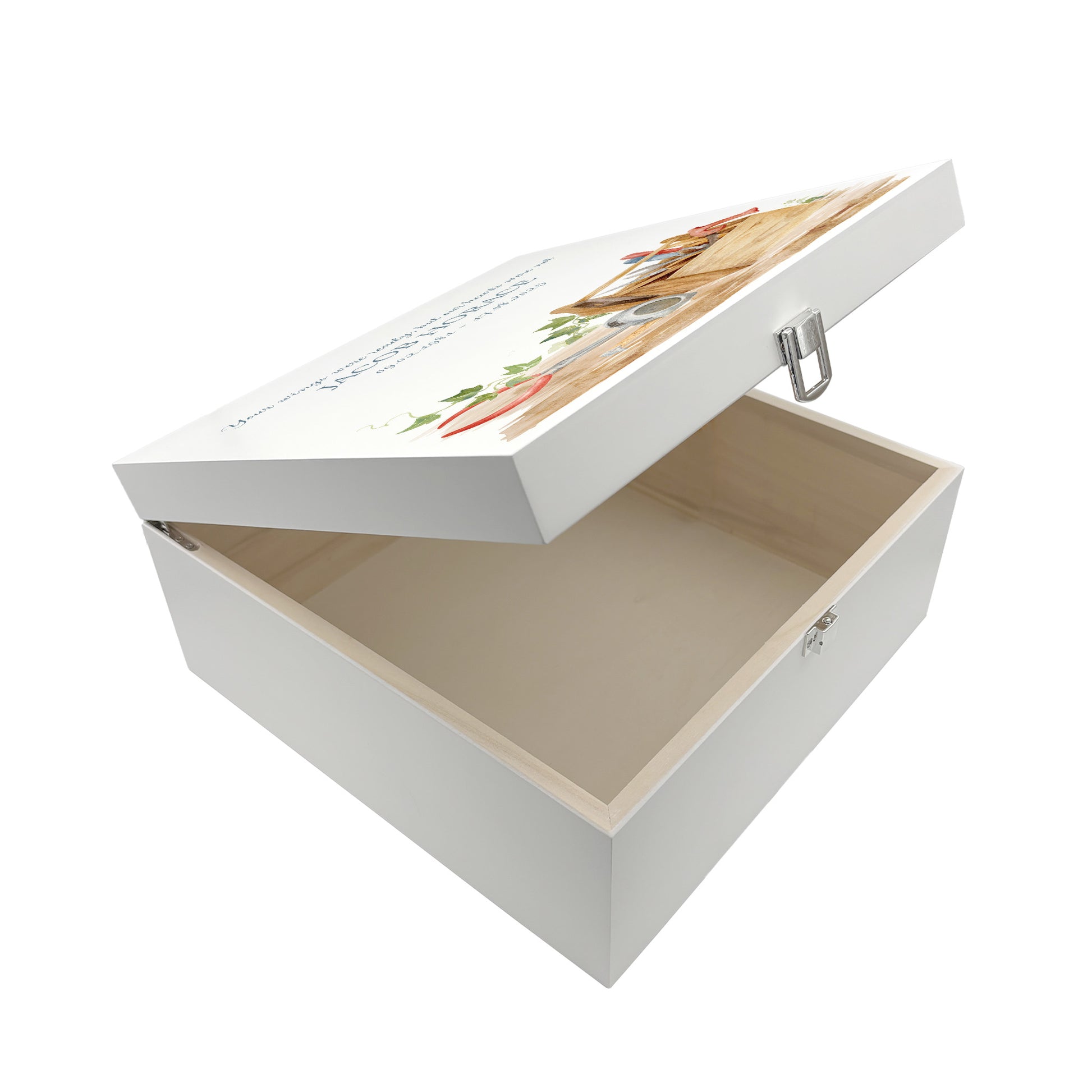White Square personalised Wooden box with a decorative lid featuring illustrations of Tools on a bench and toolbox, perfect for Dad, Grandad, brother, son memorial Perfect funeral memory keepsake box, for storing ashes, order of service, flowers and capturing your loved ones things in one place.