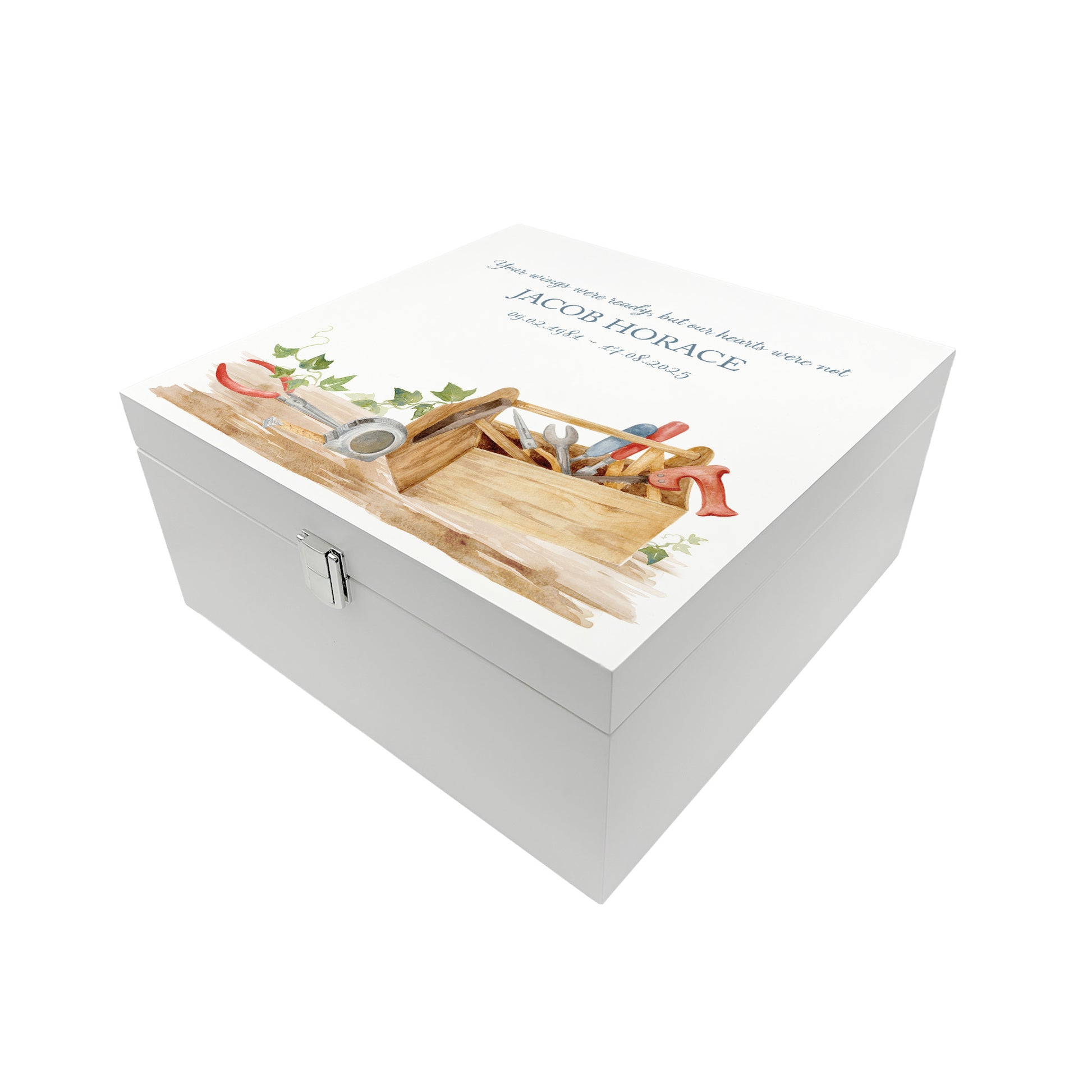 White Square personalised Wooden box with a decorative lid featuring illustrations of Tools on a bench and toolbox, perfect for Dad, Grandad, brother, son memorial Perfect funeral memory keepsake box, for storing ashes, order of service, flowers and capturing your loved ones things in one place.