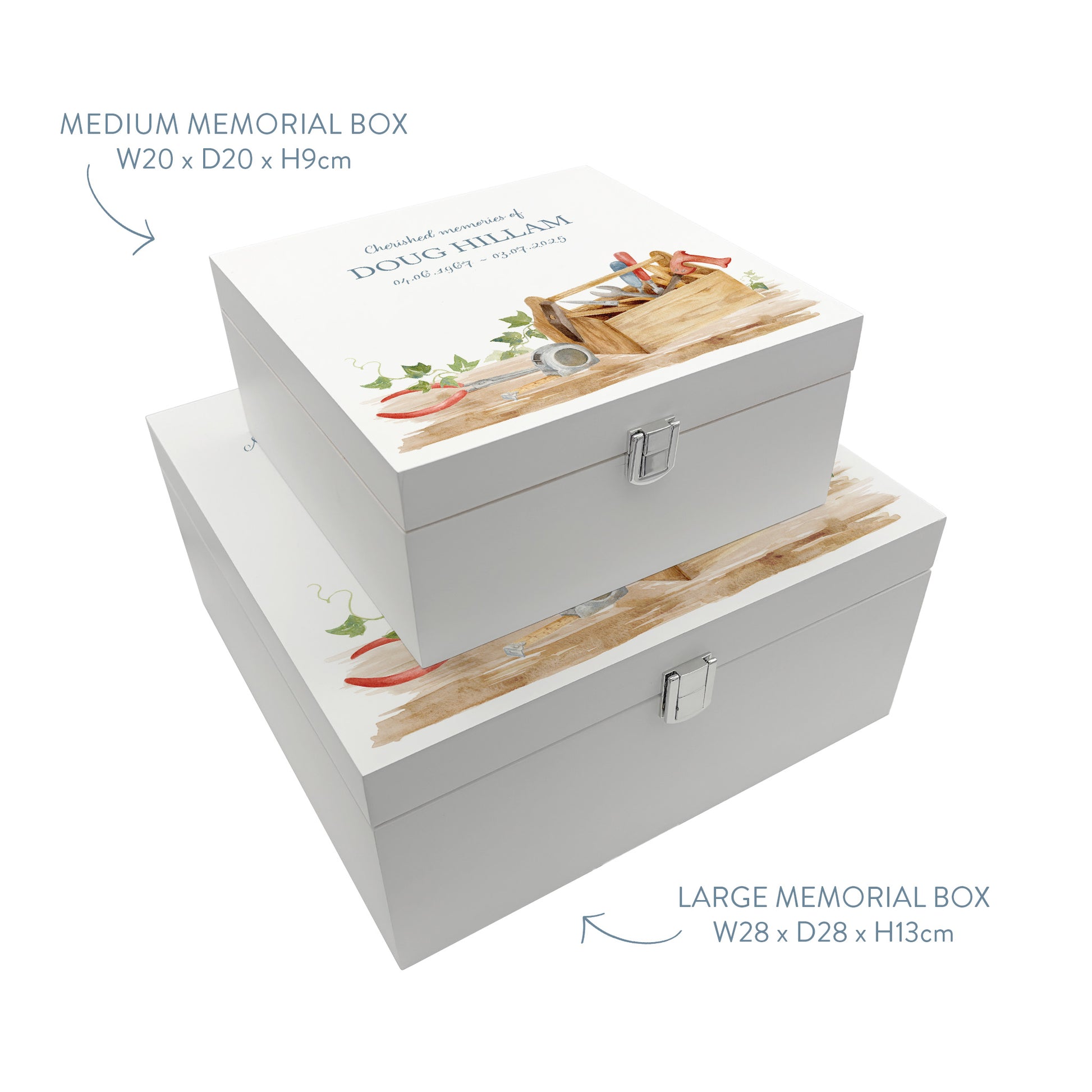 White Square personalised Wooden box with a decorative lid featuring illustrations of Tools on a bench and toolbox, perfect for Dad, Grandad, brother, son memorial Perfect funeral memory keepsake box, for storing ashes, order of service, flowers and capturing your loved ones things in one place.