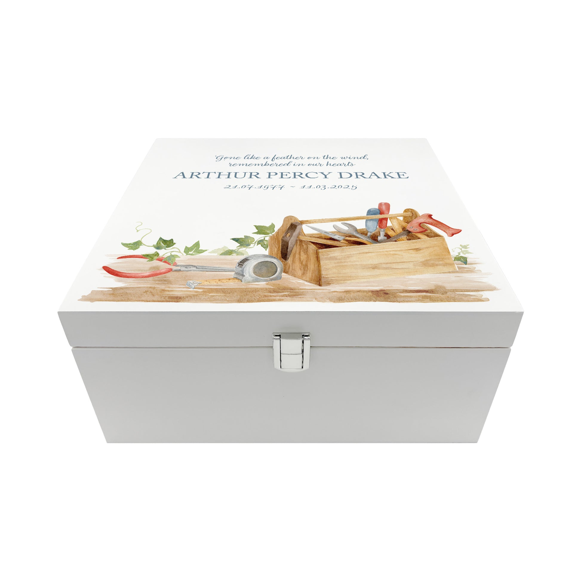 White Square personalised Wooden box with a decorative lid featuring illustrations of Tools on a bench and toolbox, perfect for Dad, Grandad, brother, son memorial Perfect funeral memory keepsake box, for storing ashes, order of service, flowers and capturing your loved ones things in one place.