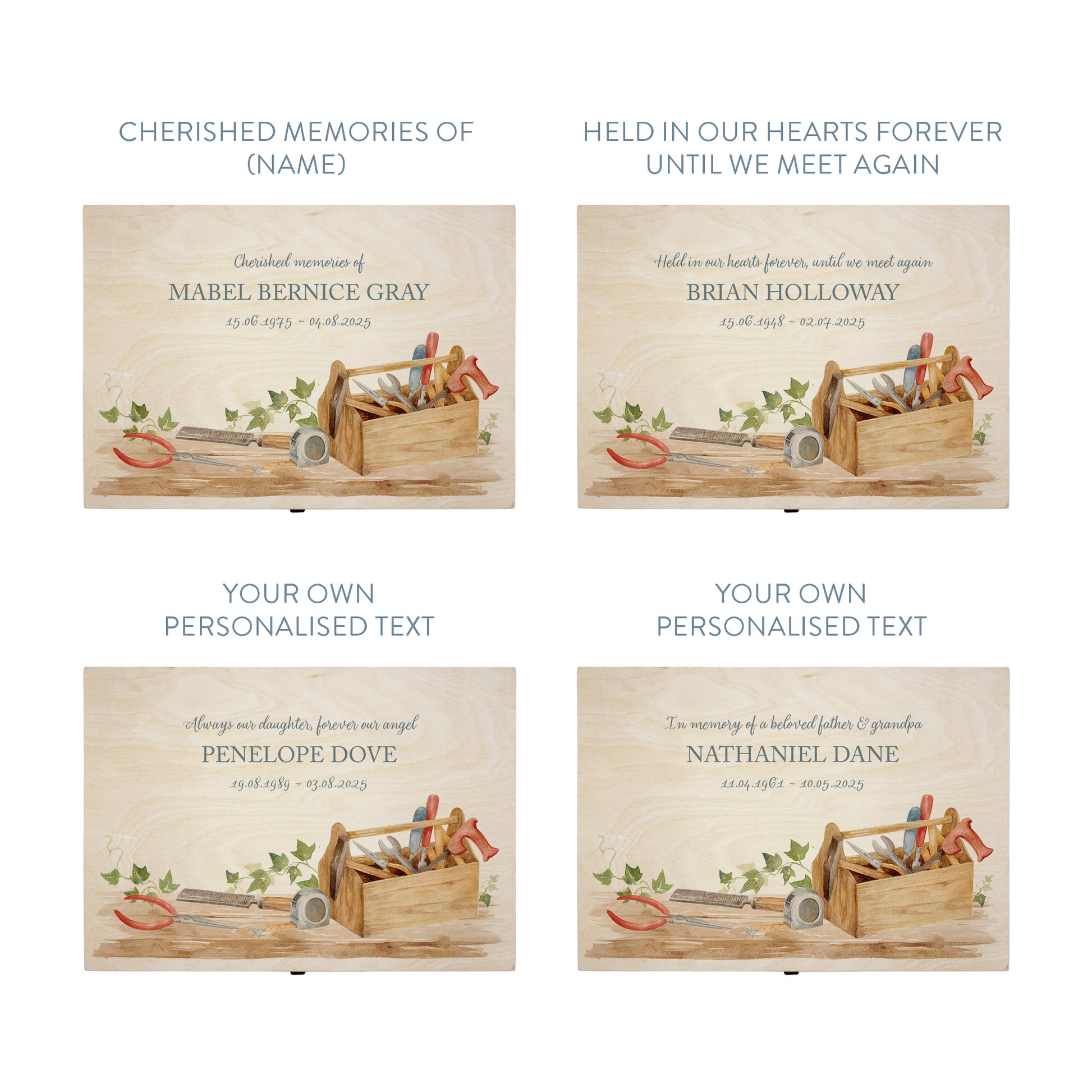 Wooden box with a decorative lid featuring illustrations of a Tool Box on a bench, perfect for Dad, son, Grandad, brother,  Perfect funeral memory keepsake box, for storing ashes, order of service, flowers, Funeral Box