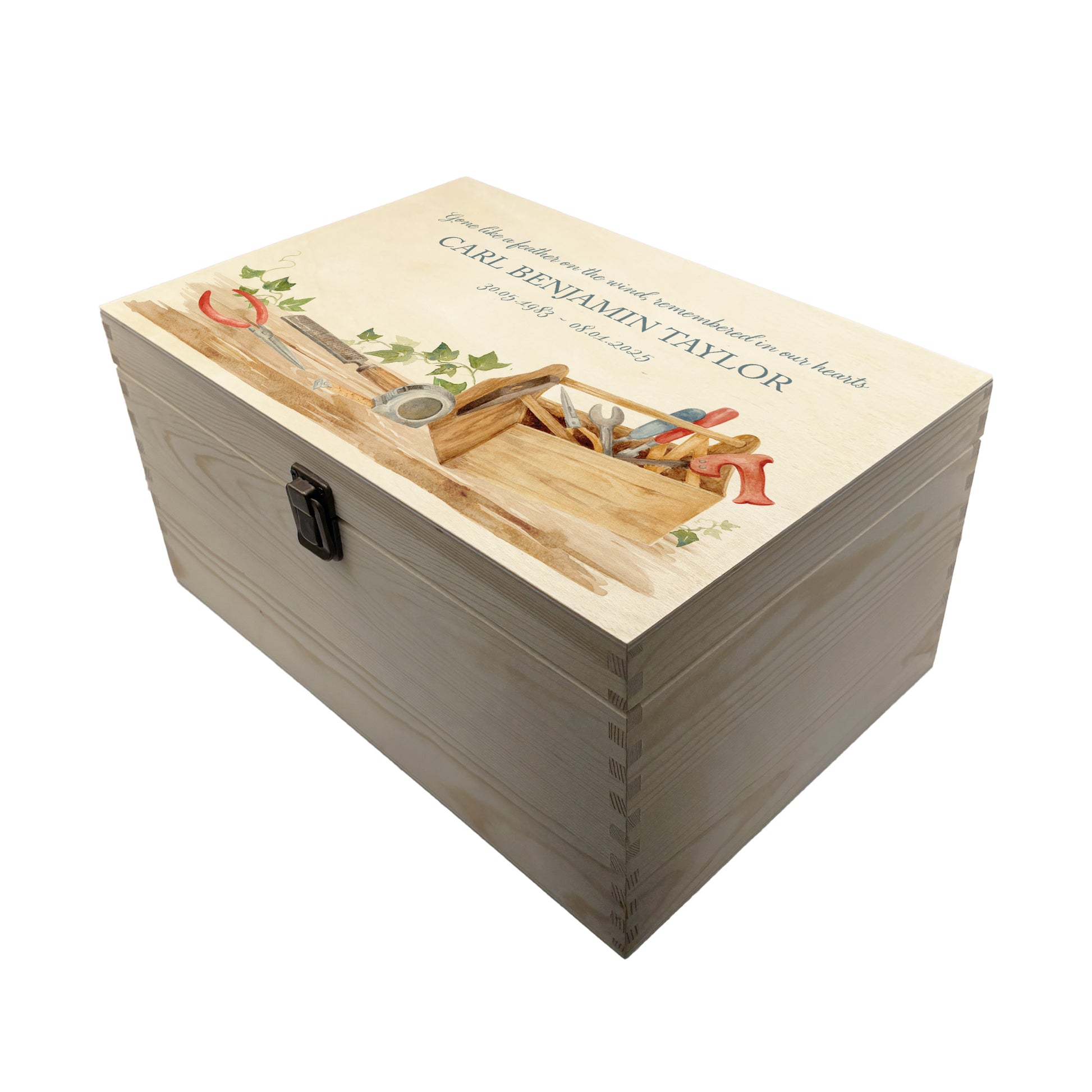 Wooden box with a decorative lid featuring illustrations of a Tool Box on a bench, perfect for Dad, son, Grandad, brother,  Perfect funeral memory keepsake box, for storing ashes, order of service, flowers, Funeral Box
