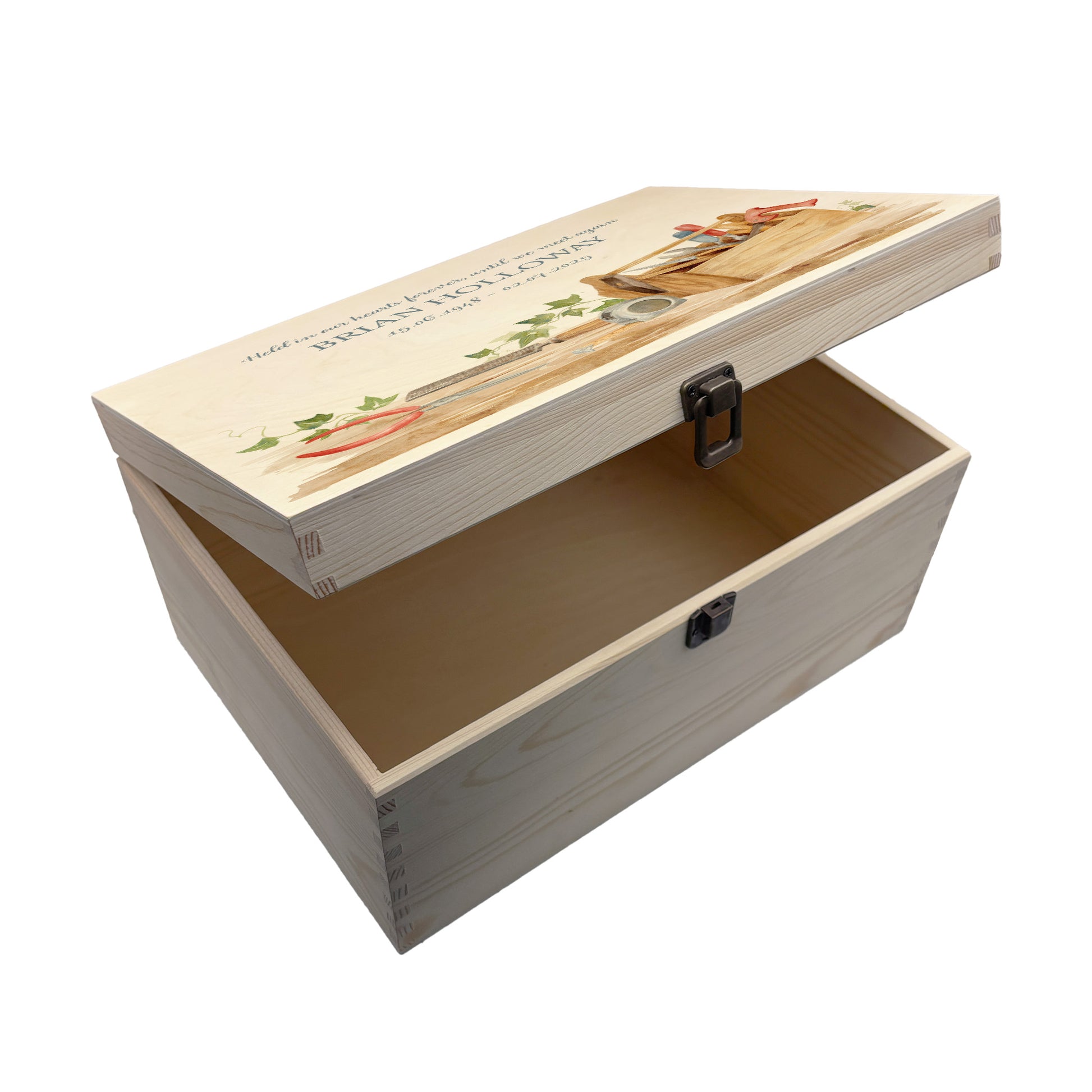 Wooden box with a decorative lid featuring illustrations of a Tool Box on a bench, perfect for Dad, son, Grandad, brother,  Perfect funeral memory keepsake box, for storing ashes, order of service, flowers, Funeral Box