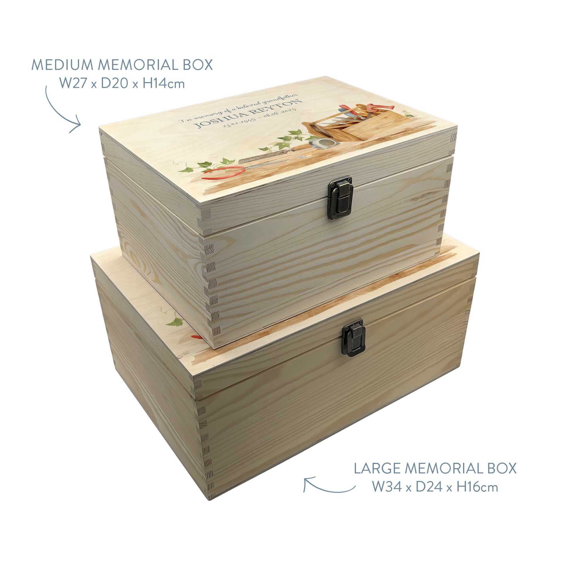 Wooden box with a decorative lid featuring illustrations of a Tool Box on a bench, perfect for Dad, son, Grandad, brother,  Perfect funeral memory keepsake box, for storing ashes, order of service, flowers, Funeral Box