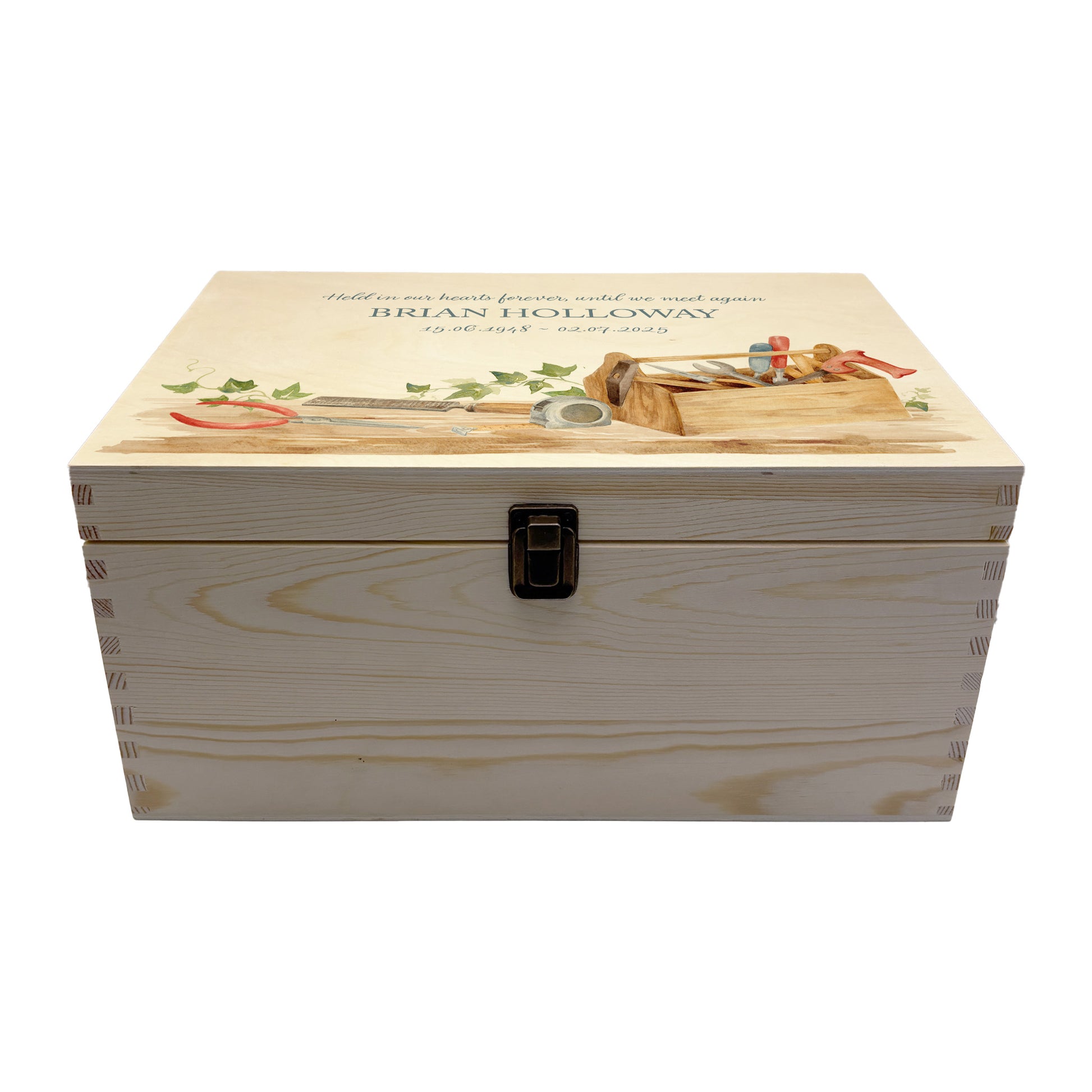 Wooden box with a decorative lid featuring illustrations of a Tool Box on a bench, perfect for Dad, son, Grandad, brother,  Perfect funeral memory keepsake box, for storing ashes, order of service, flowers, Funeral Box