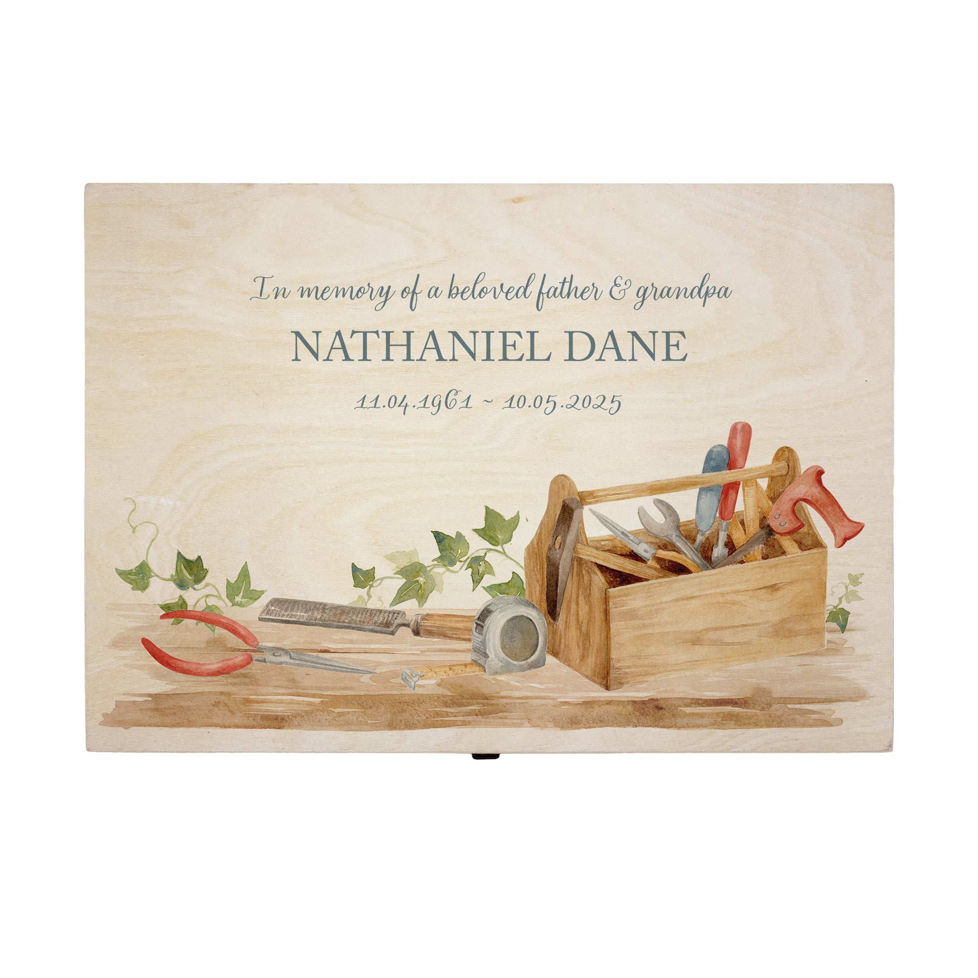 Wooden box with a decorative lid featuring illustrations of a Tool Box on a bench, perfect for Dad, son, Grandad, brother,  Perfect funeral memory keepsake box, for storing ashes, order of service, flowers, Funeral Box