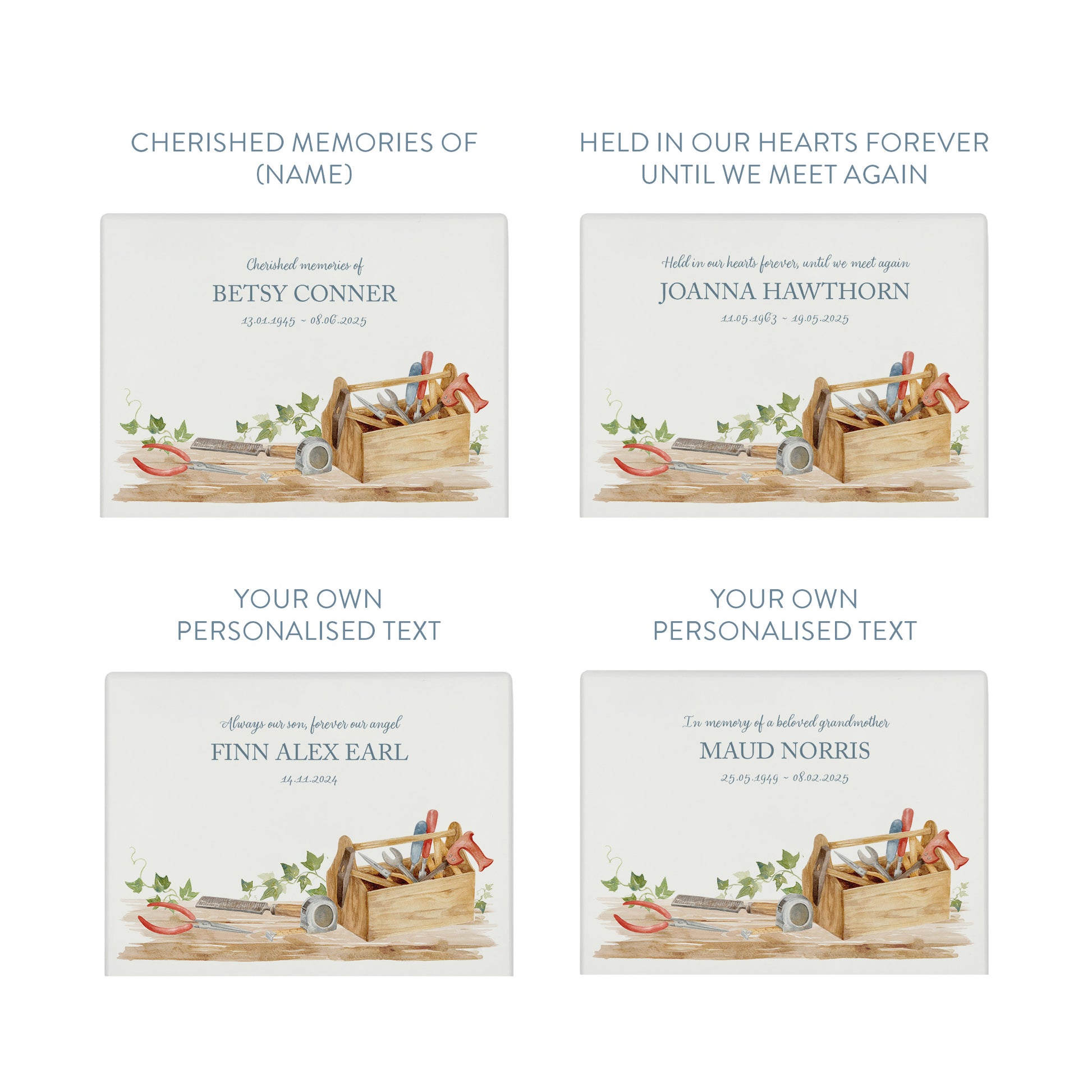 A beautifully crafted solid wooden urn, finished in white with a soft watercolour design of a Tool box on a shelf, perfect for Dad, brother, uncle, Grandad who loved his workshop. Thoughtfully made for either display or burial, this personalised urn can be customised to create a meaningful memorial. Perfect for holding ashes of a loved one or a beloved pet, it serves as a comforting tribute and keepsake.