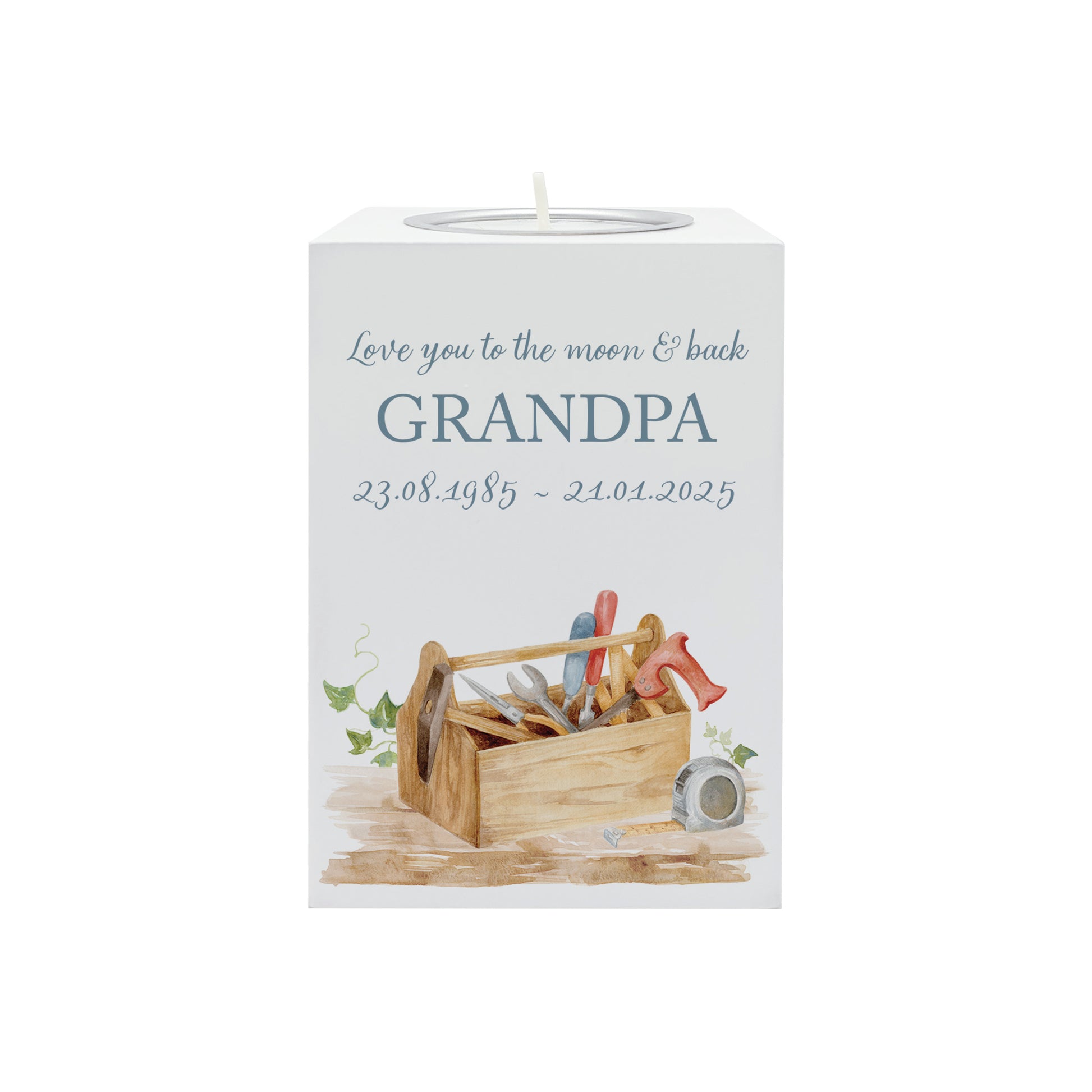 wooden cuboid luxury tealight holder with gorgeous personalised options . Each product is lovingly designed, handmade with our Countryside inspired watercolour designs. This design features a Tool Box on a shelf, perfect for Brother, Dad, Son or Grandad. unique designs to remember a loved on, great for memorial occasions