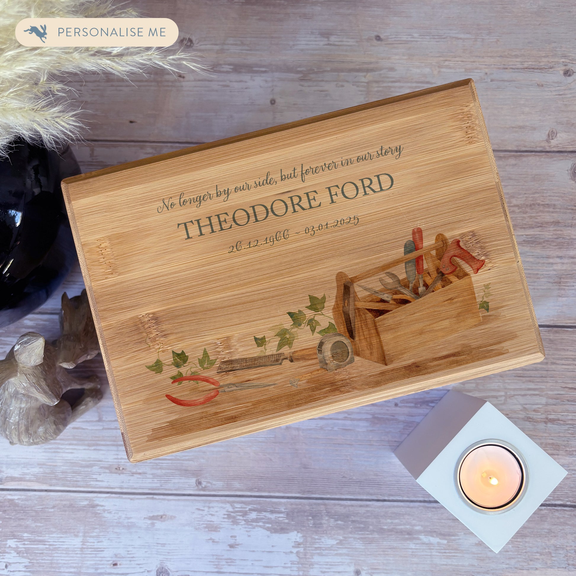 A beautifully crafted solid Bamboo wooden urn, personalised and finished with a soft watercolour design of a tool box, for the person who always fixed things. Great for Dad, Grandad, Brother, Son, Uncle.  Thoughtfully made for either display or burial, this personalised urn can be customised to create a meaningful memorial. Perfect for holding ashes of a loved one or a beloved pet, it serves as a comforting tribute and keepsake.