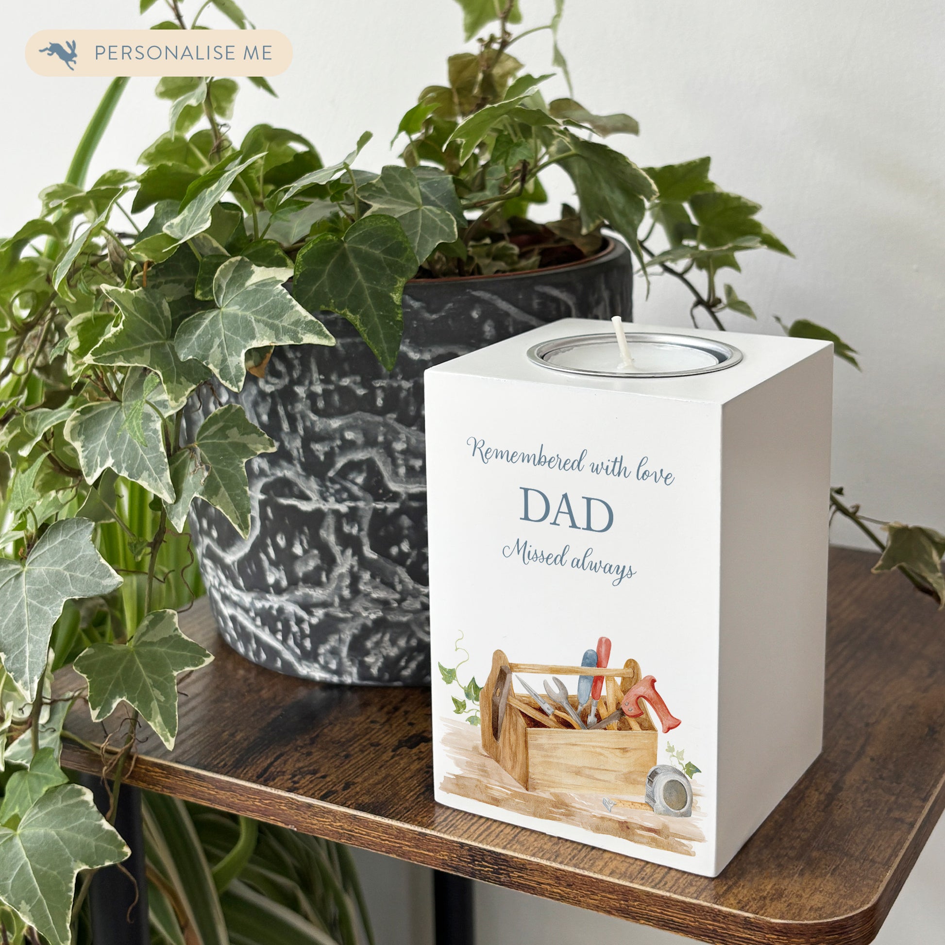 wooden cuboid luxury tealight holder with gorgeous personalised options . Each product is lovingly designed, handmade with our Countryside inspired watercolour designs. This design features a Tool Box on a shelf, perfect for Brother, Dad, Son or Grandad. unique designs to remember a loved on, great for memorial occasions