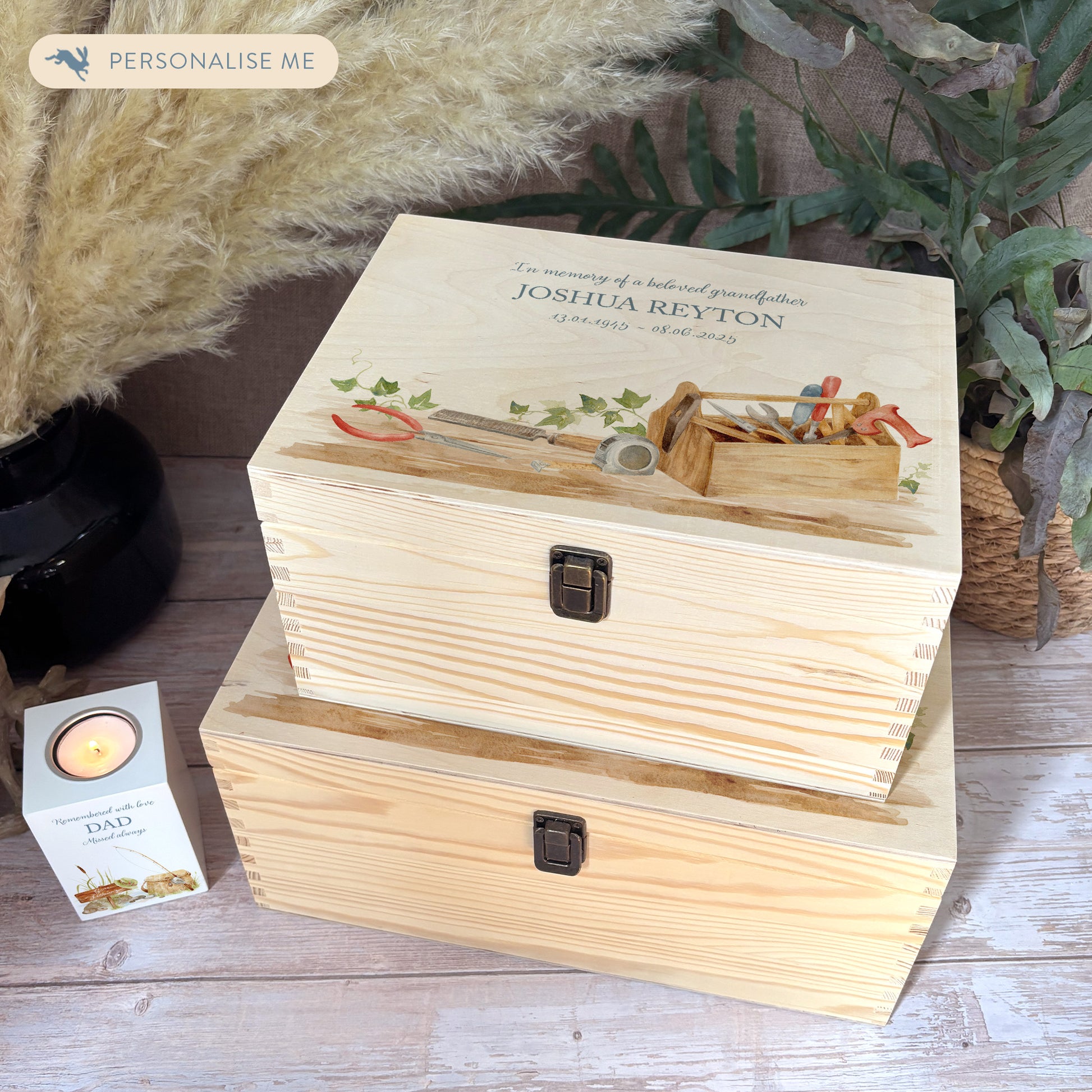 Wooden box with a decorative lid featuring illustrations of a Tool Box on a bench, perfect for Dad, son, Grandad, brother,  Perfect funeral memory keepsake box, for storing ashes, order of service, flowers, Funeral Box