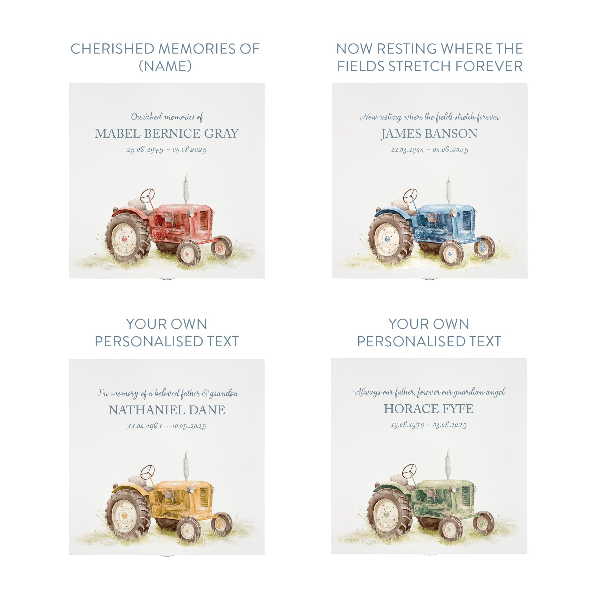 White Square personalised Wooden box with a decorative lid featuring illustrations Tractor Perfect funeral memory keepsake box, for storing ashes, order of service, flowers and capturing your loved ones things in one place. Available in red, blue, yellow and green