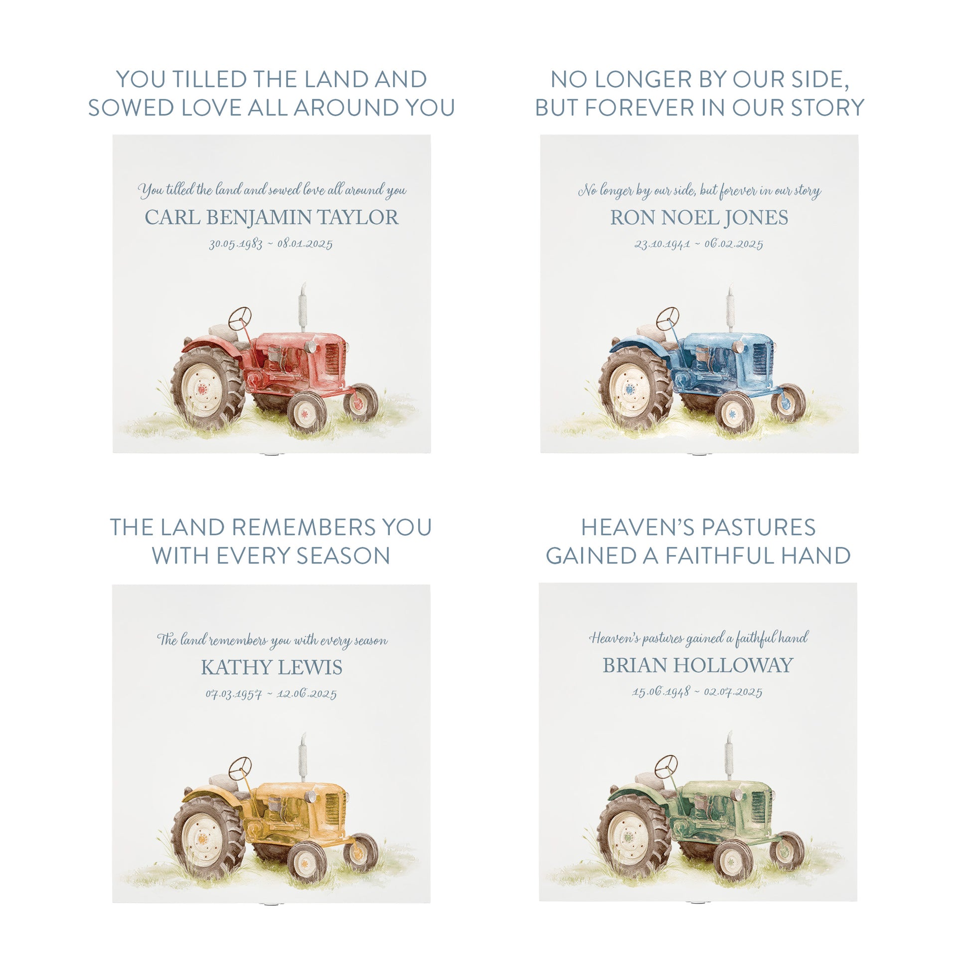White Square personalised Wooden box with a decorative lid featuring illustrations Tractor Perfect funeral memory keepsake box, for storing ashes, order of service, flowers and capturing your loved ones things in one place. Available in red, blue, yellow and green