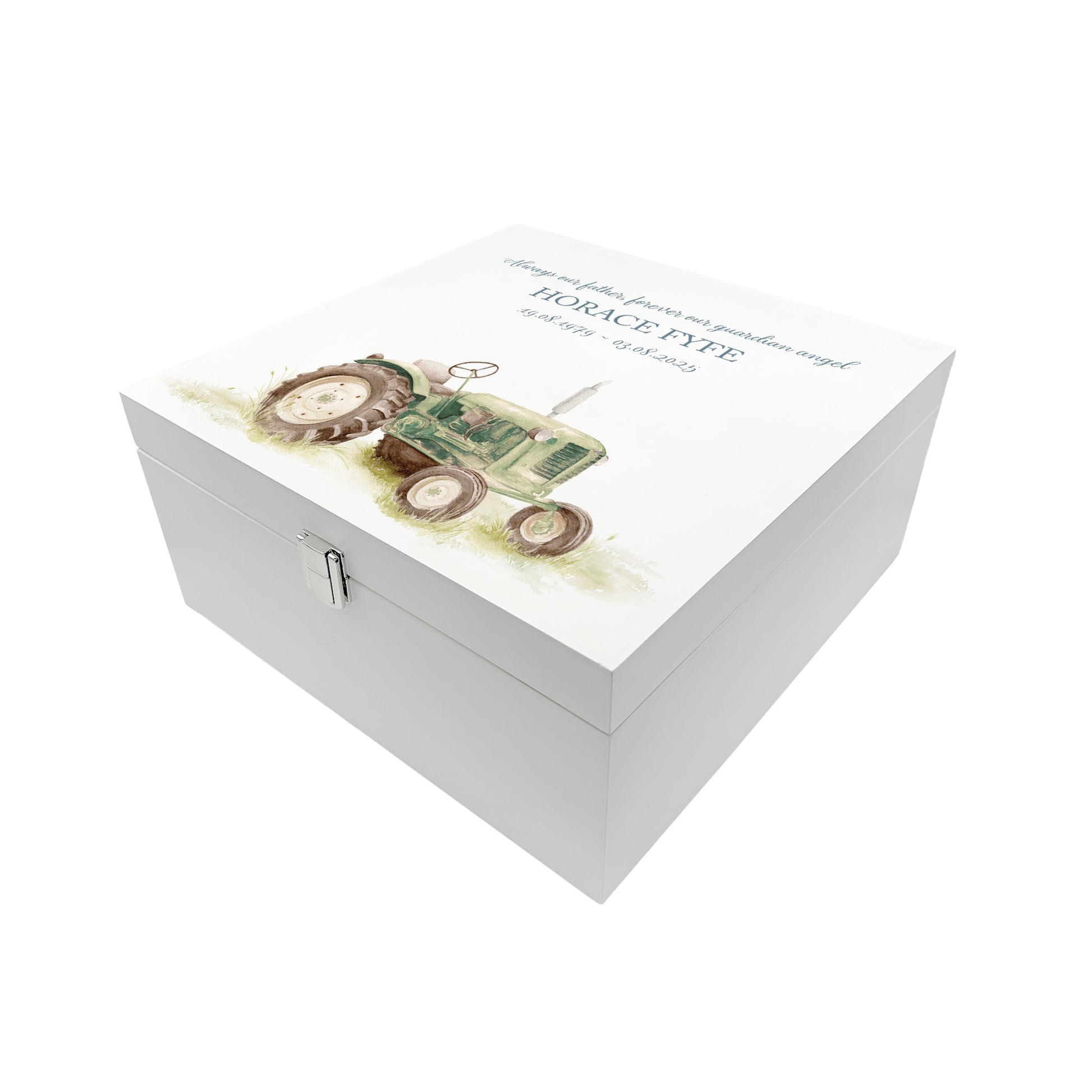 White Square personalised Wooden box with a decorative lid featuring illustrations Tractor Perfect funeral memory keepsake box, for storing ashes, order of service, flowers and capturing your loved ones things in one place. Available in red, blue, yellow and green