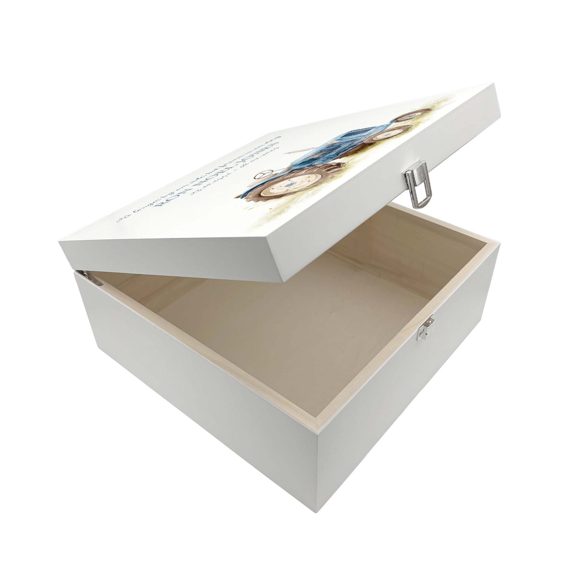 White Square personalised Wooden box with a decorative lid featuring illustrations Tractor Perfect funeral memory keepsake box, for storing ashes, order of service, flowers and capturing your loved ones things in one place. Available in red, blue, yellow and green