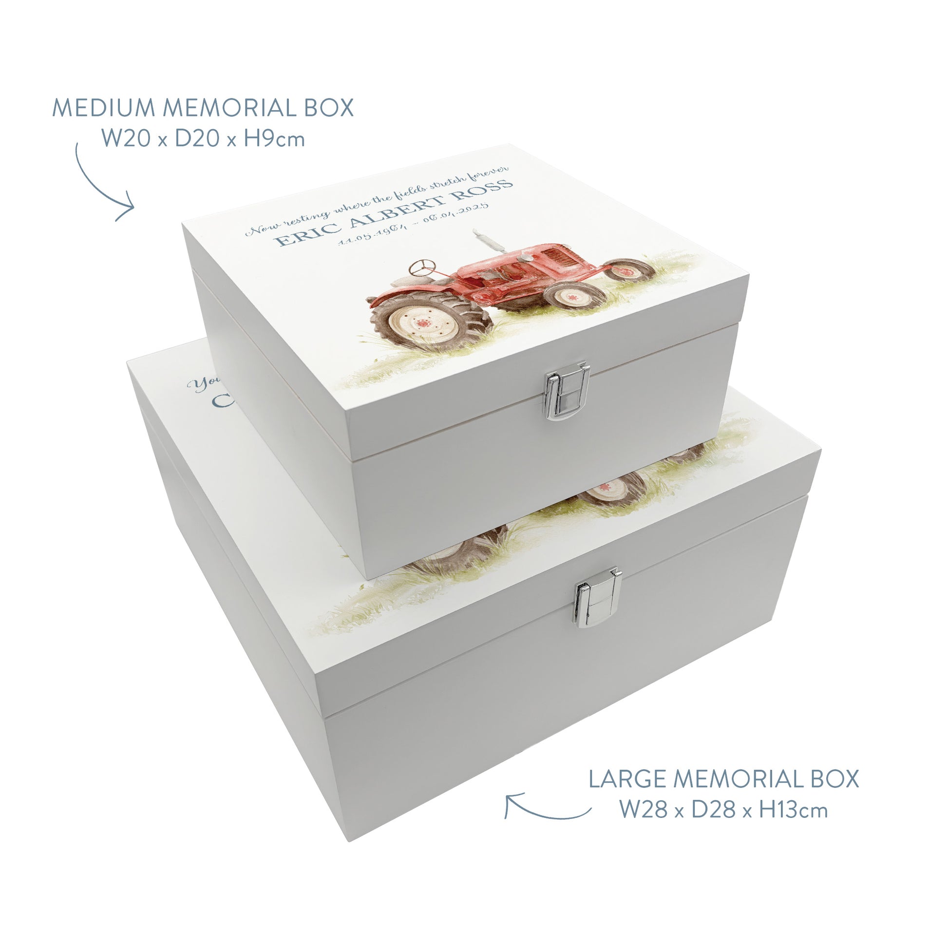White Square personalised Wooden box with a decorative lid featuring illustrations Tractor Perfect funeral memory keepsake box, for storing ashes, order of service, flowers and capturing your loved ones things in one place. Available in red, blue, yellow and green