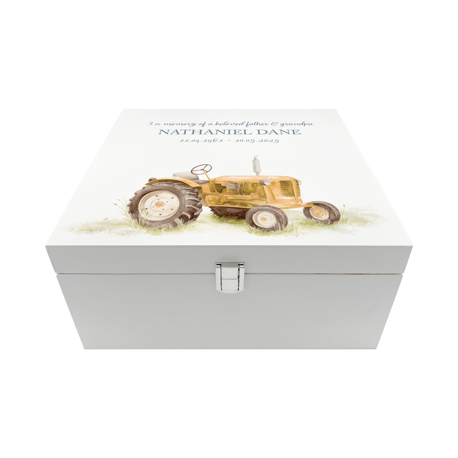 White Square personalised Wooden box with a decorative lid featuring illustrations Tractor Perfect funeral memory keepsake box, for storing ashes, order of service, flowers and capturing your loved ones things in one place. Available in red, blue, yellow and green