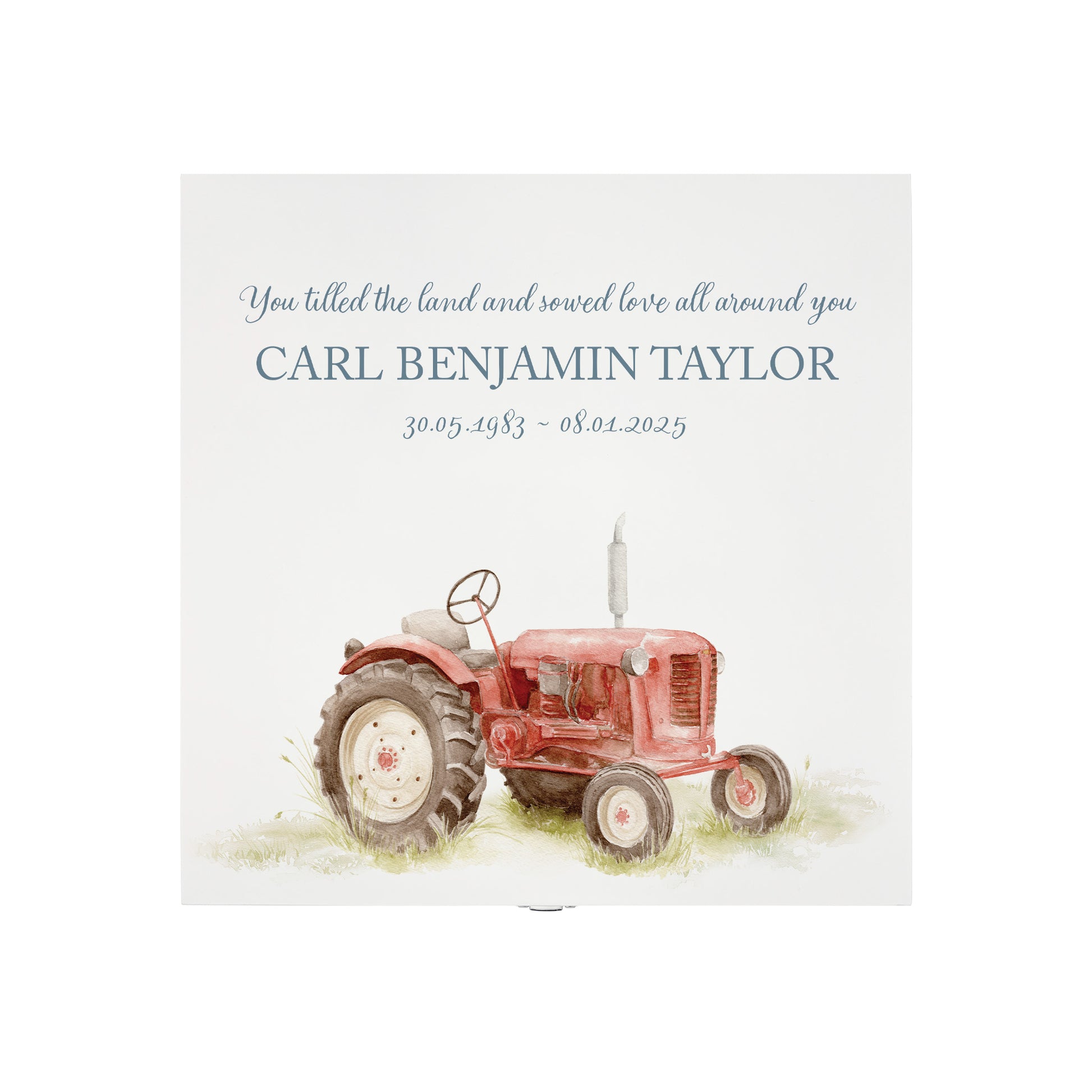 White Square personalised Wooden box with a decorative lid featuring illustrations Tractor Perfect funeral memory keepsake box, for storing ashes, order of service, flowers and capturing your loved ones things in one place. Available in red, blue, yellow and green