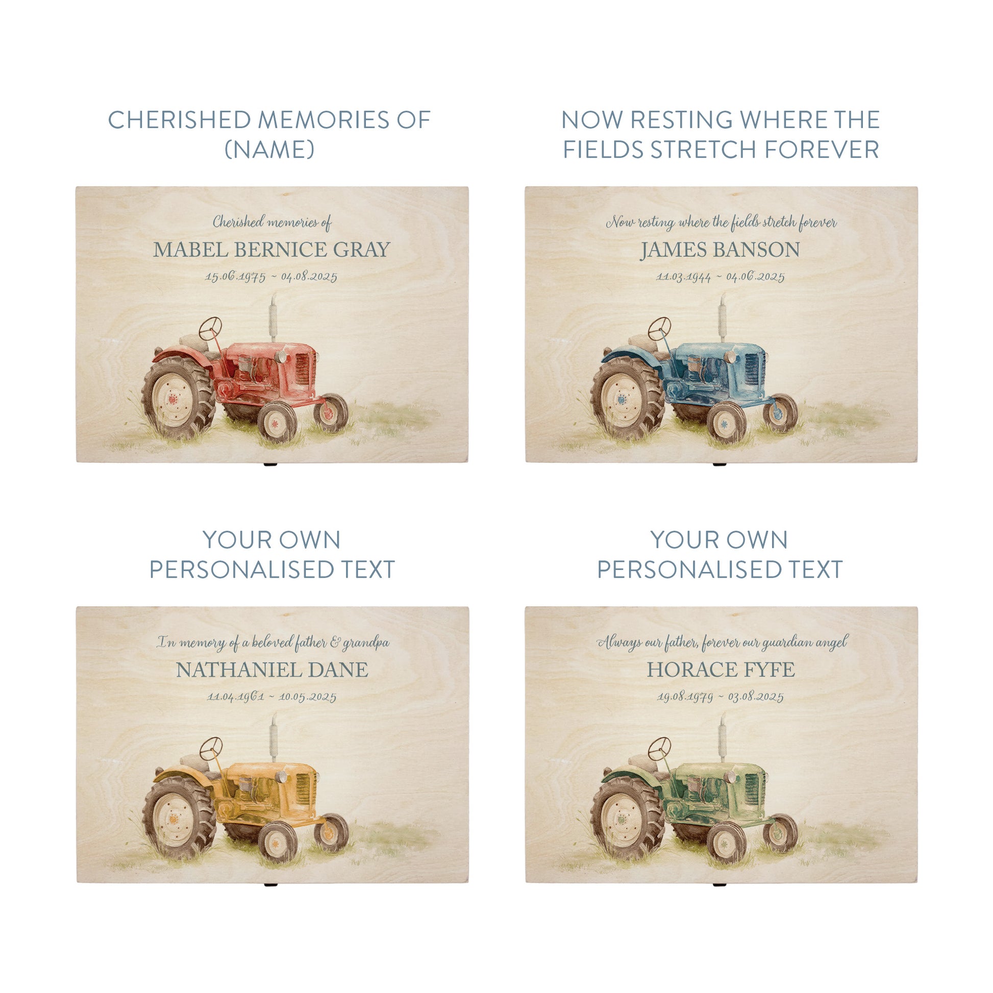 Wooden box with a red, Blue, Green or Yellow tractor illustration Perfect funeral memory keepsake box, for storing ashes, order of service, flowers, pictures.