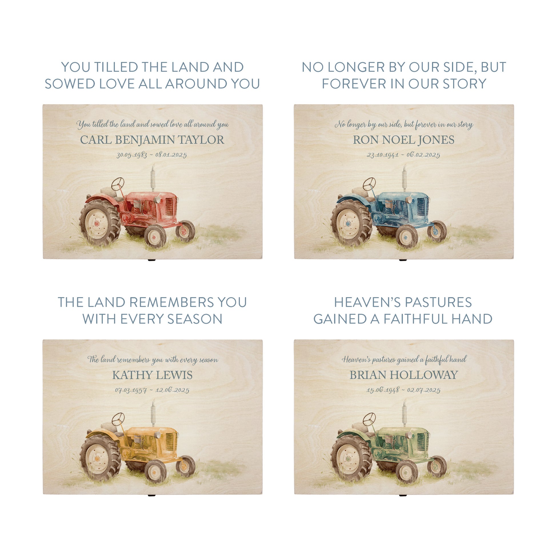 Wooden box with a red, Blue, Green or Yellow tractor illustration Perfect funeral memory keepsake box, for storing ashes, order of service, flowers, pictures.