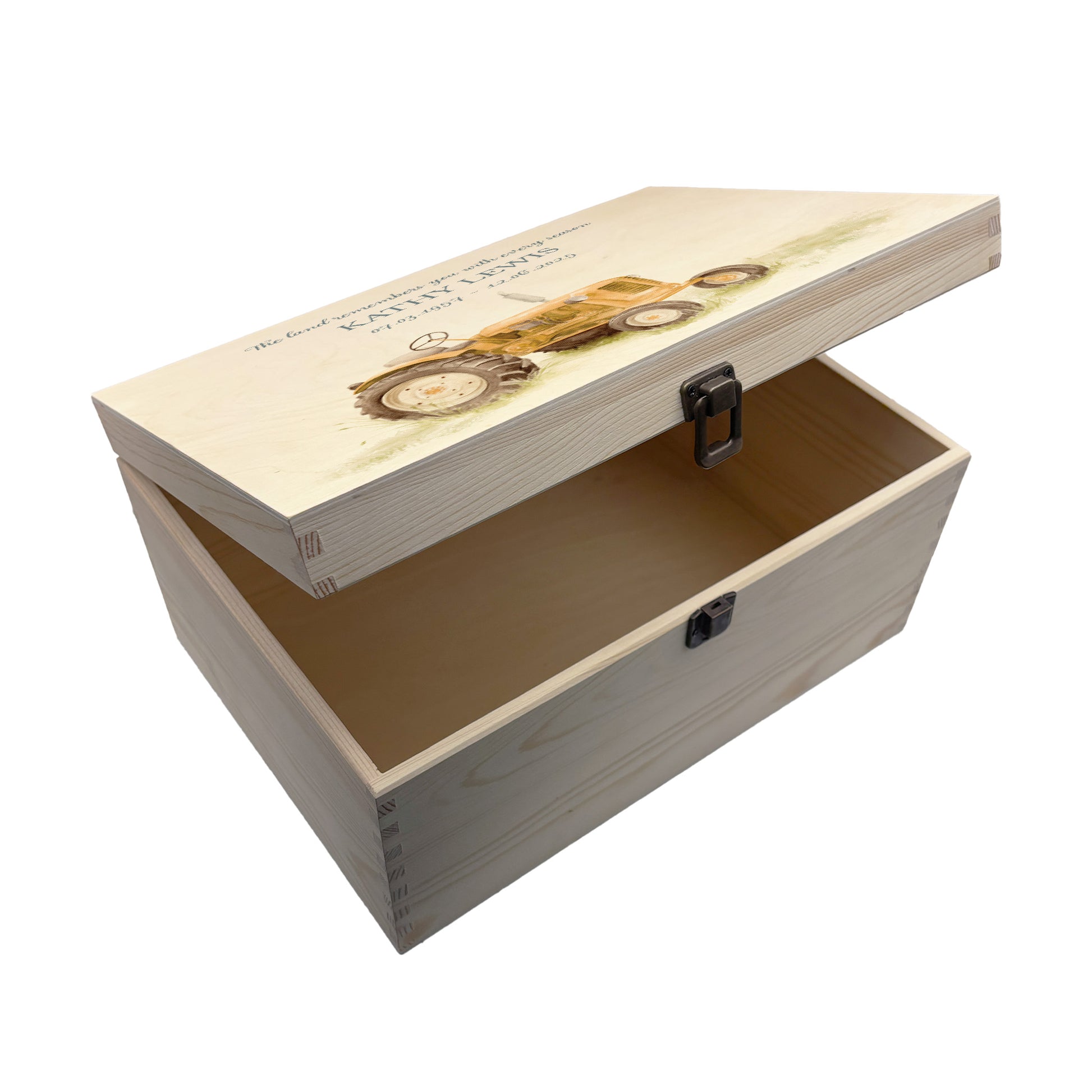 Wooden box with a red, Blue, Green or Yellow tractor illustration Perfect funeral memory keepsake box, for storing ashes, order of service, flowers, pictures.