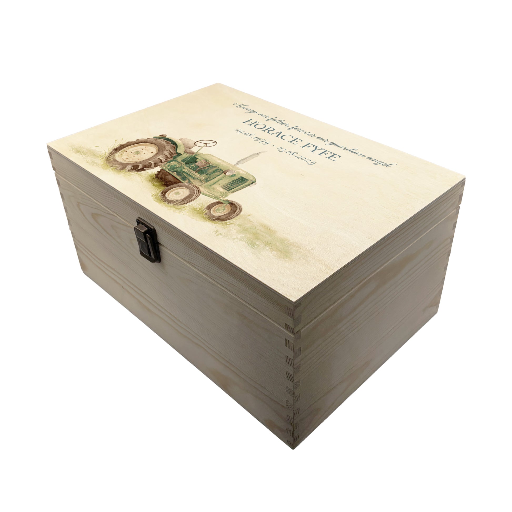 Wooden box with a red, Blue, Green or Yellow tractor illustration Perfect funeral memory keepsake box, for storing ashes, order of service, flowers, pictures.