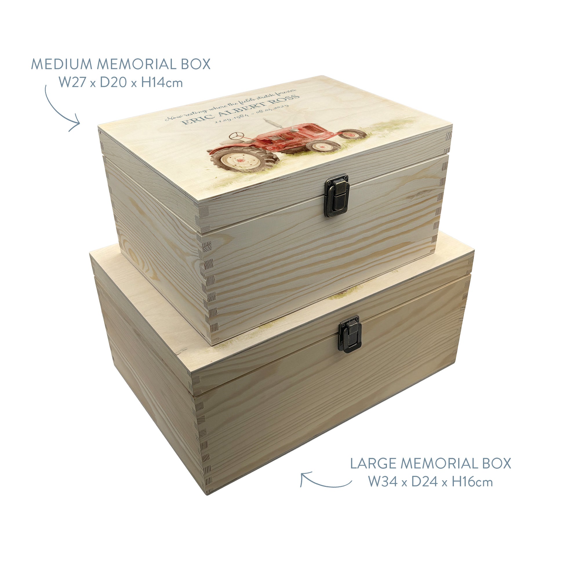 Wooden box with a red, Blue, Green or Yellow tractor illustration Perfect funeral memory keepsake box, for storing ashes, order of service, flowers, pictures.