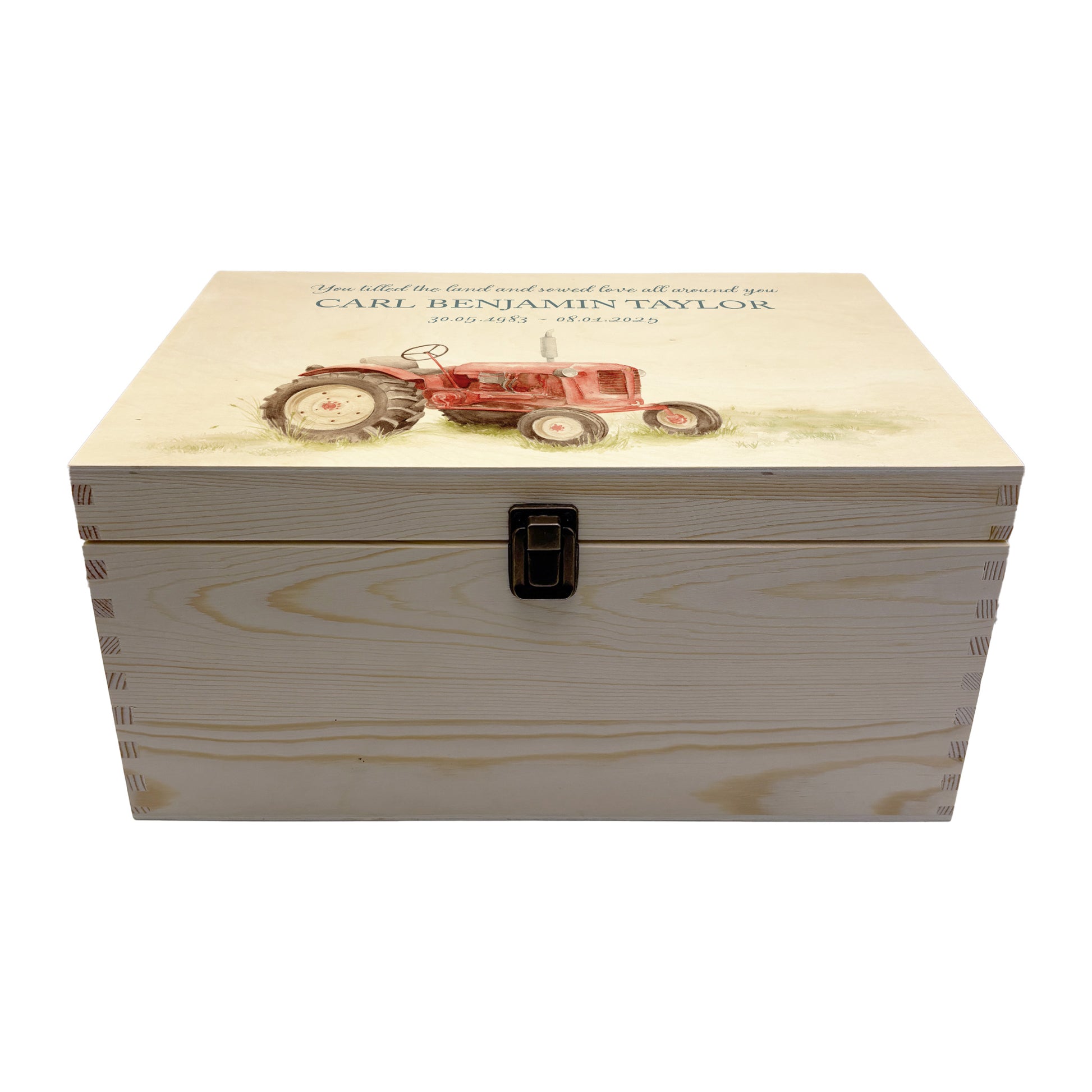 Wooden box with a red, Blue, Green or Yellow tractor illustration Perfect funeral memory keepsake box, for storing ashes, order of service, flowers, pictures.