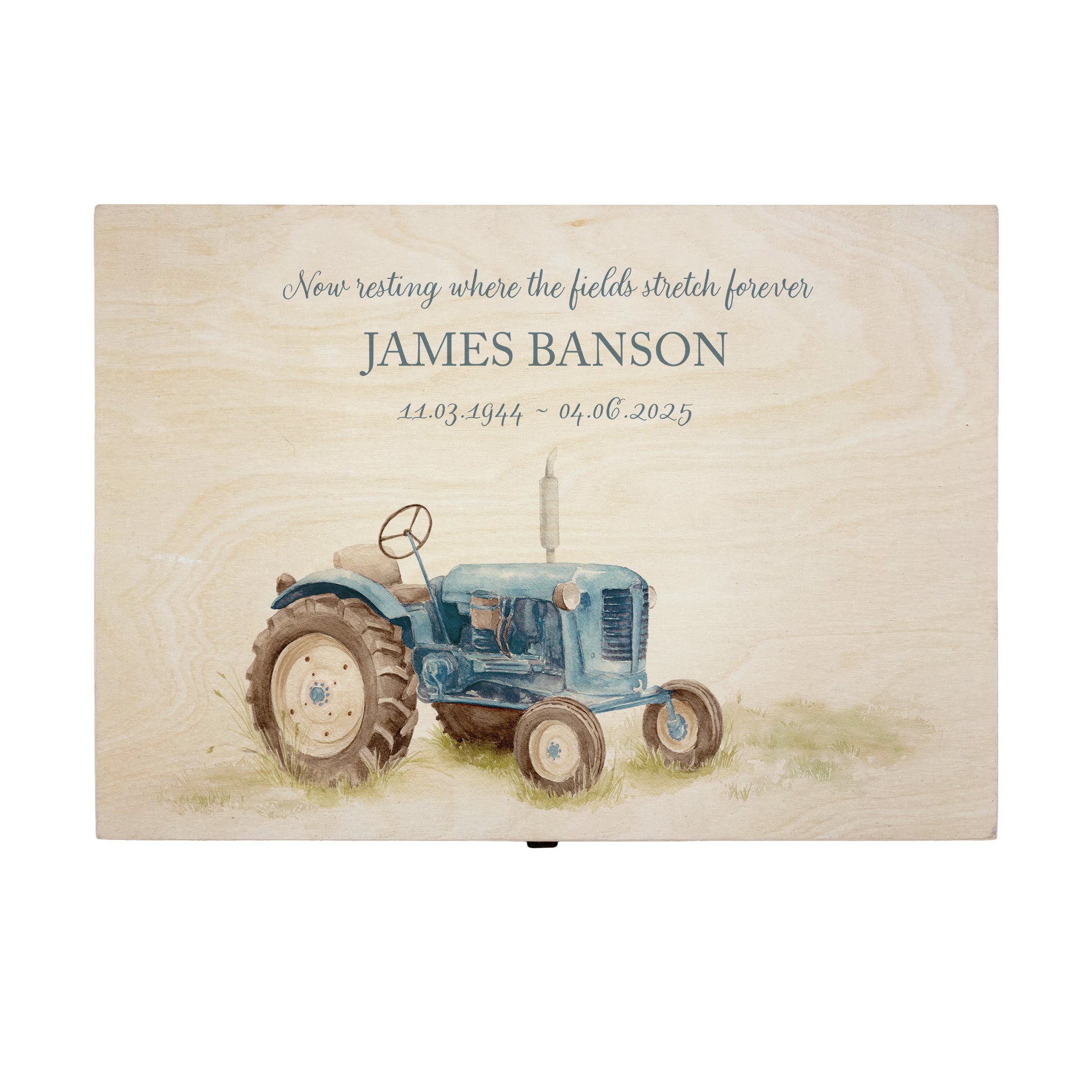 Wooden box with a red, Blue, Green or Yellow tractor illustration Perfect funeral memory keepsake box, for storing ashes, order of service, flowers, pictures.