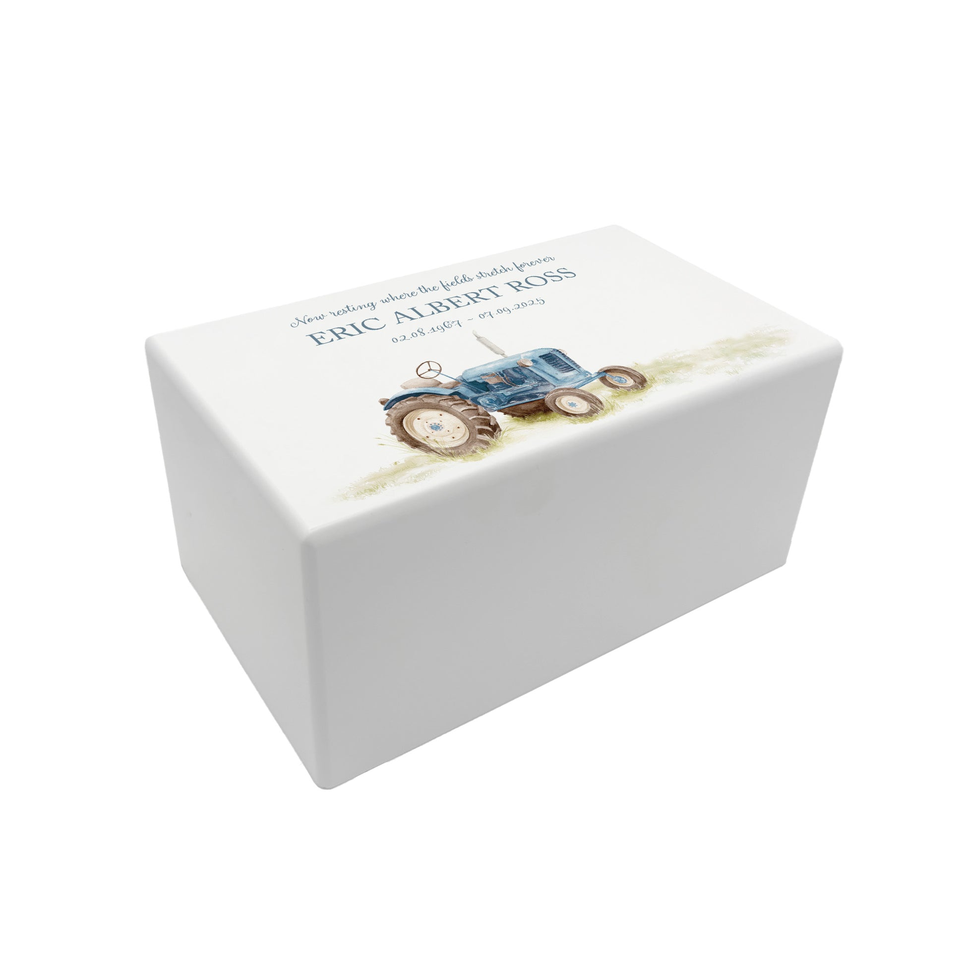 Luxury solid wooden white painted Urn with a Tractor watercolour illustration our urns and Caskets for displaying or burying ashes. Customisable and can be personalised. Perfect funeral memory keepsake urn, for storing ashes for humans and pets.