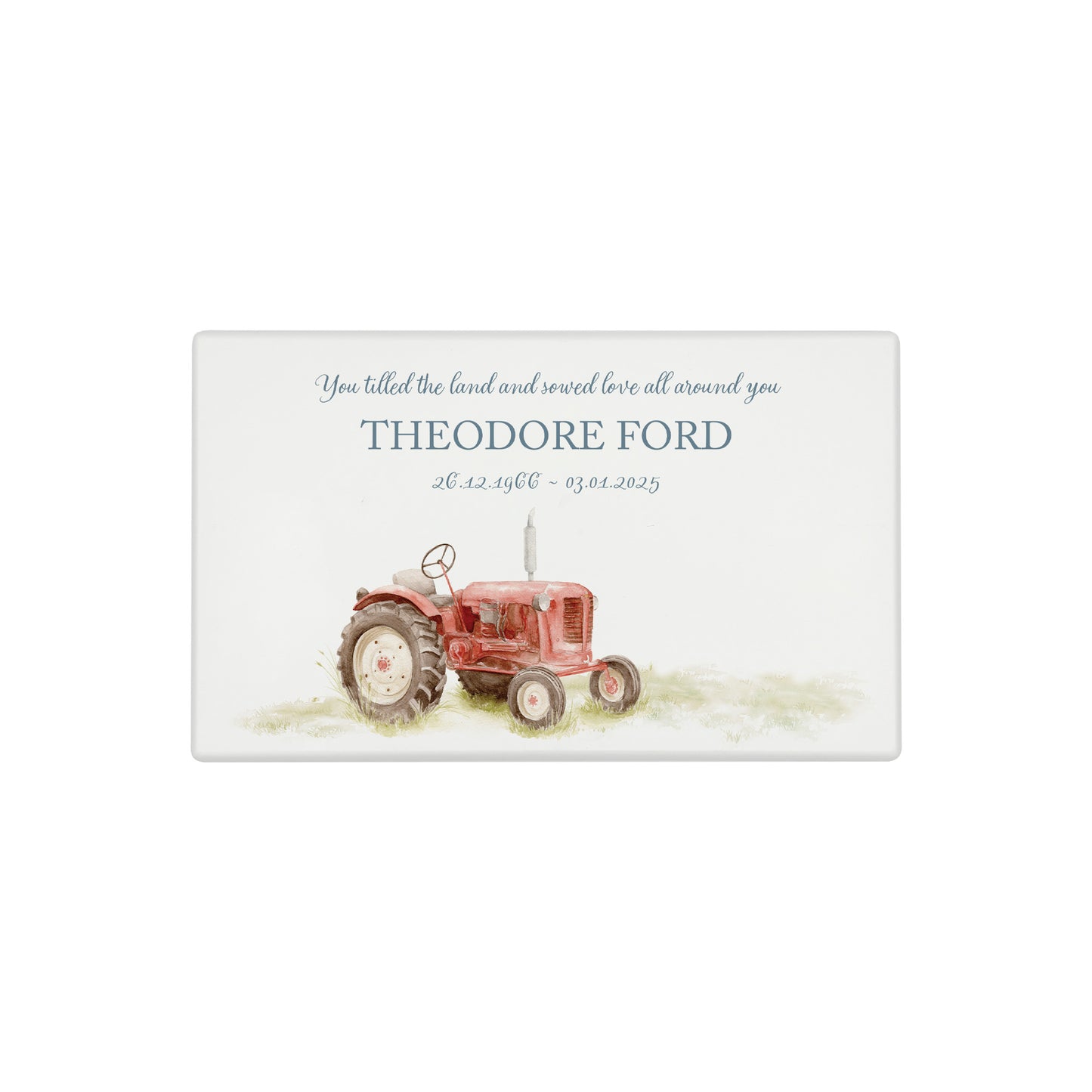 Luxury solid wooden white painted Urn with a Tractor watercolour illustration our urns and Caskets for displaying or burying ashes. Customisable and can be personalised. Perfect funeral memory keepsake urn, for storing ashes for humans and pets.