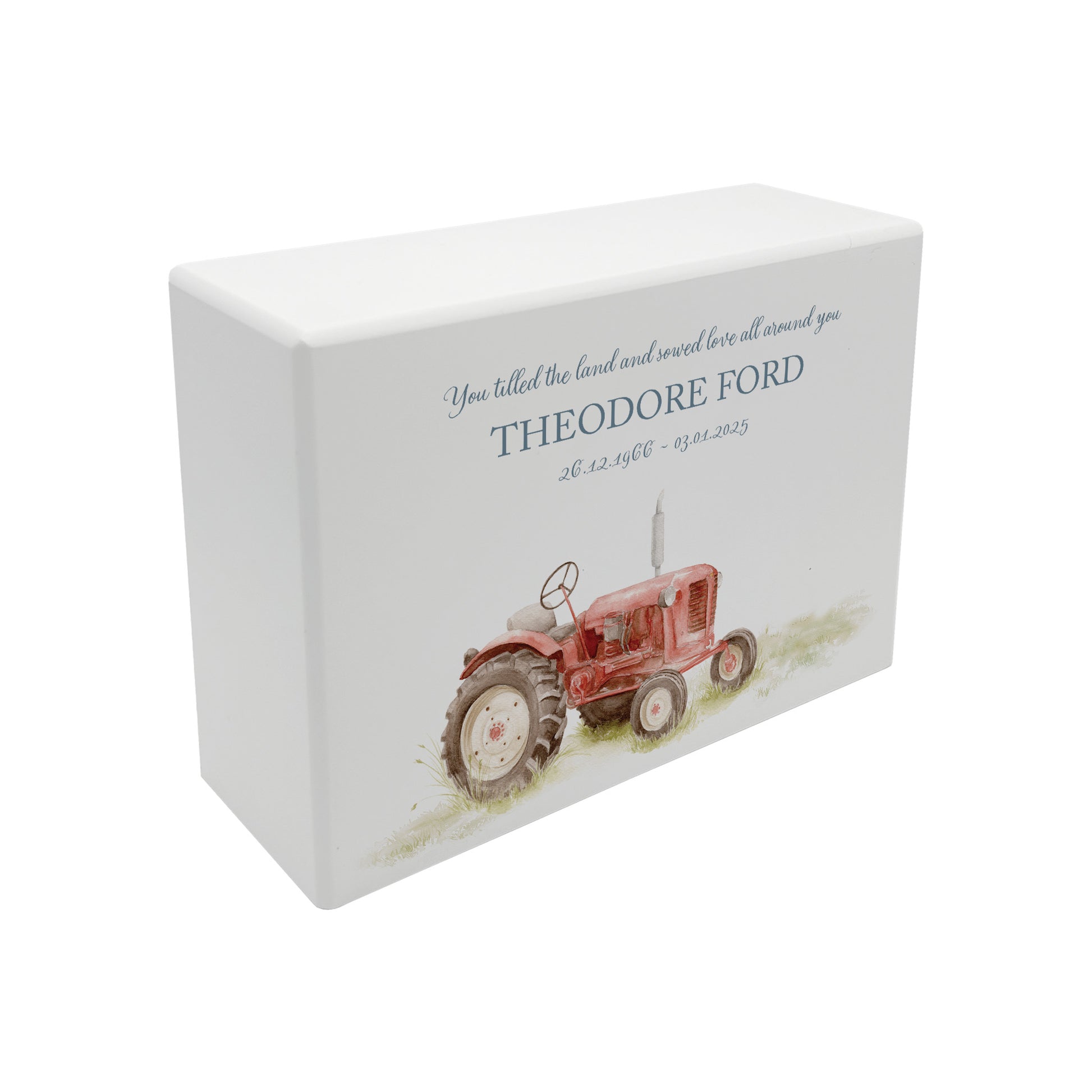 Luxury solid wooden white painted with a Tractor watercolour illustration our urns and Caskets for displaying or burying ashes. Customisable and can be personalised. Perfect funeral memory keepsake urn, for storing ashes for humans and pets.
