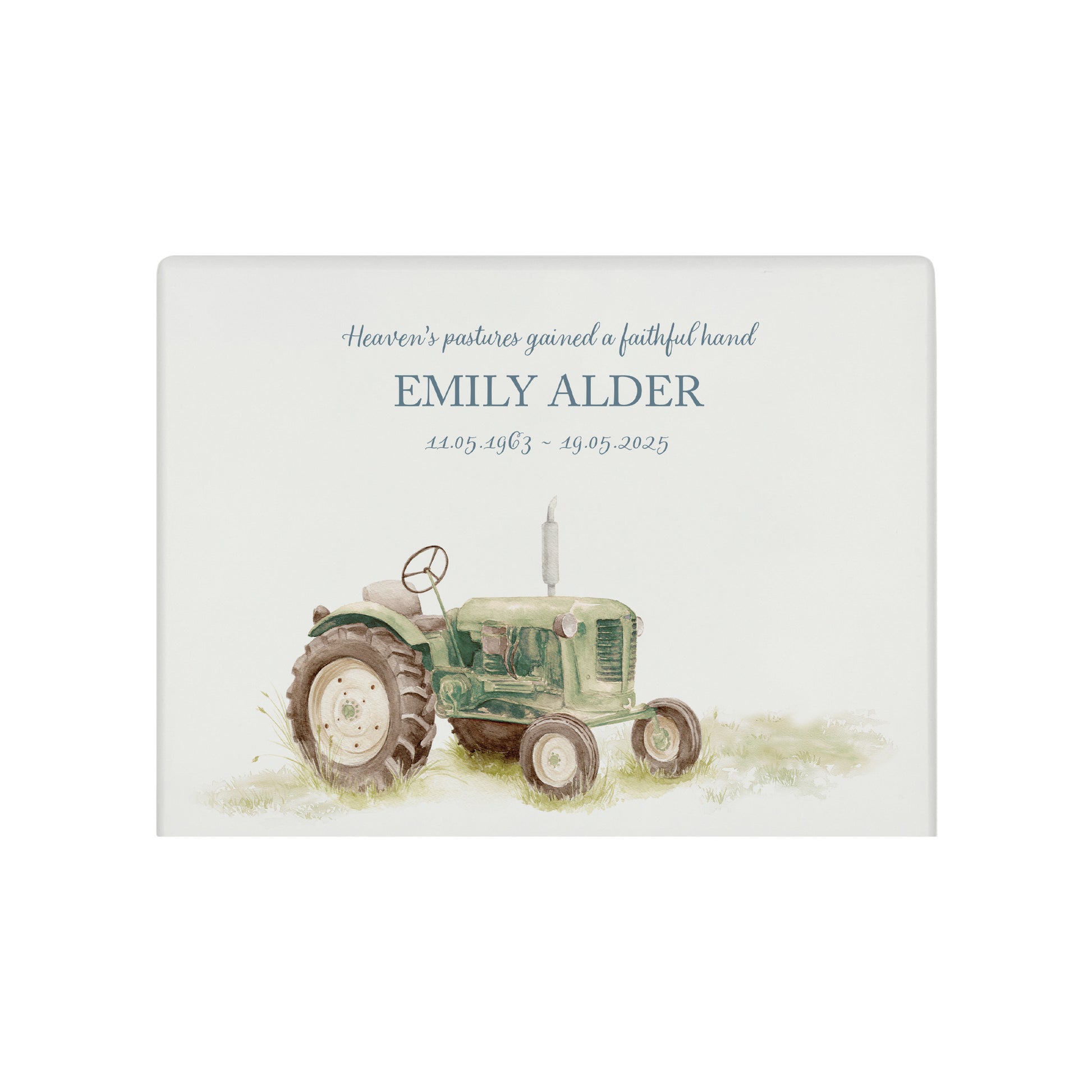 Luxury solid wooden white painted with a Tractor watercolour illustration our urns and Caskets for displaying or burying ashes. Customisable and can be personalised. Perfect funeral memory keepsake urn, for storing ashes for humans and pets.