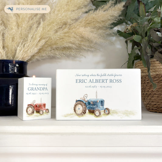Luxury solid wooden white painted Urn with a Tractor watercolour illustration our urns and Caskets for displaying or burying ashes. Customisable and can be personalised. Perfect funeral memory keepsake urn, for storing ashes for humans and pets.
