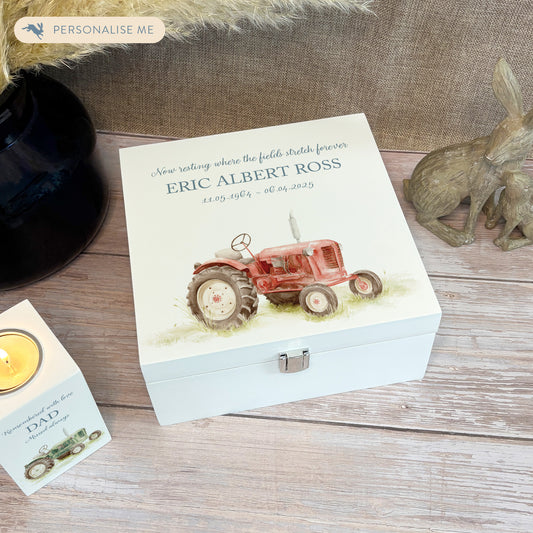 White Square personalised Wooden box with a decorative lid featuring illustrations Tractor Perfect funeral memory keepsake box, for storing ashes, order of service, flowers and capturing your loved ones things in one place. Available in red, blue, yellow and green