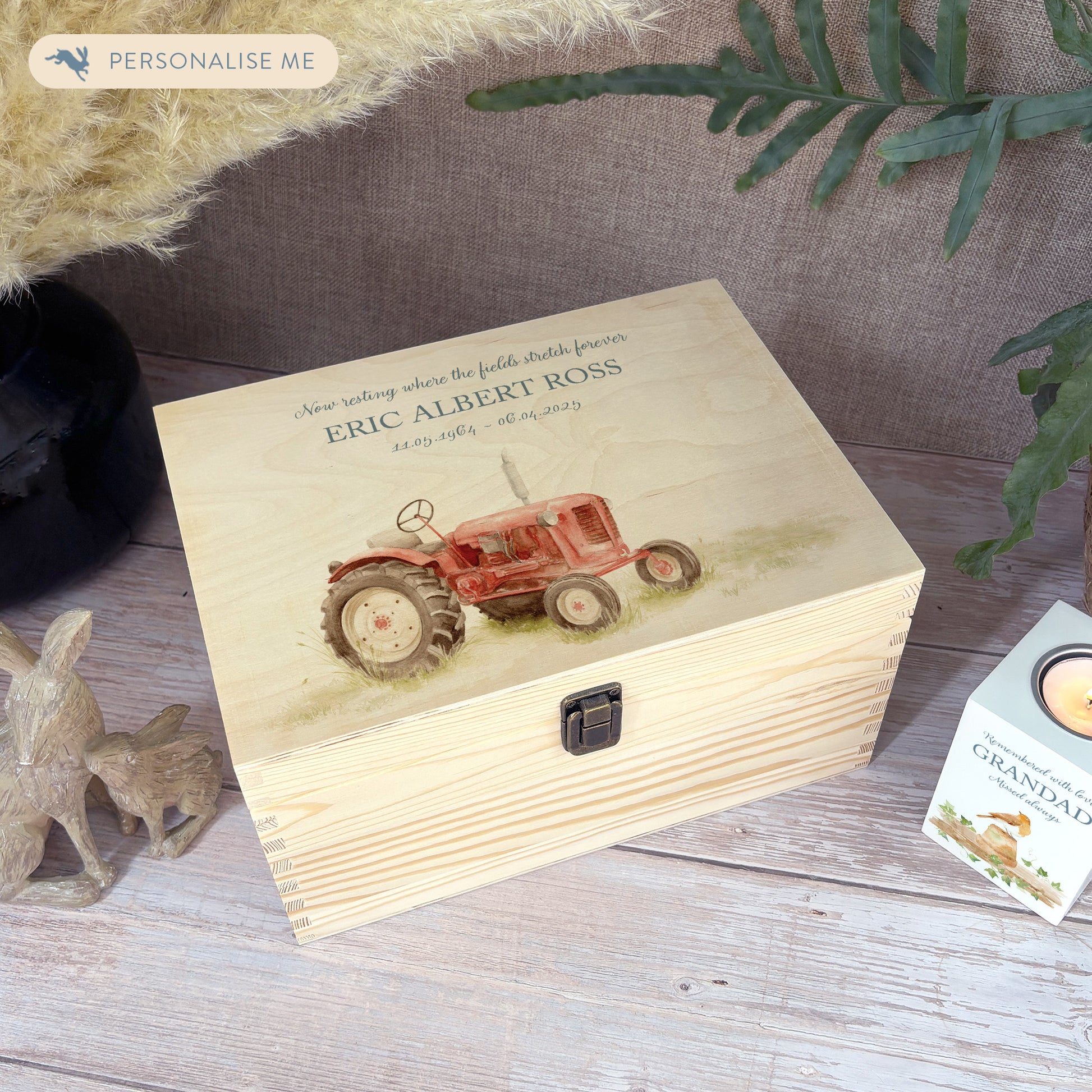 Wooden box with a red, Blue, Green or Yellow tractor illustration Perfect funeral memory keepsake box, for storing ashes, order of service, flowers, pictures.