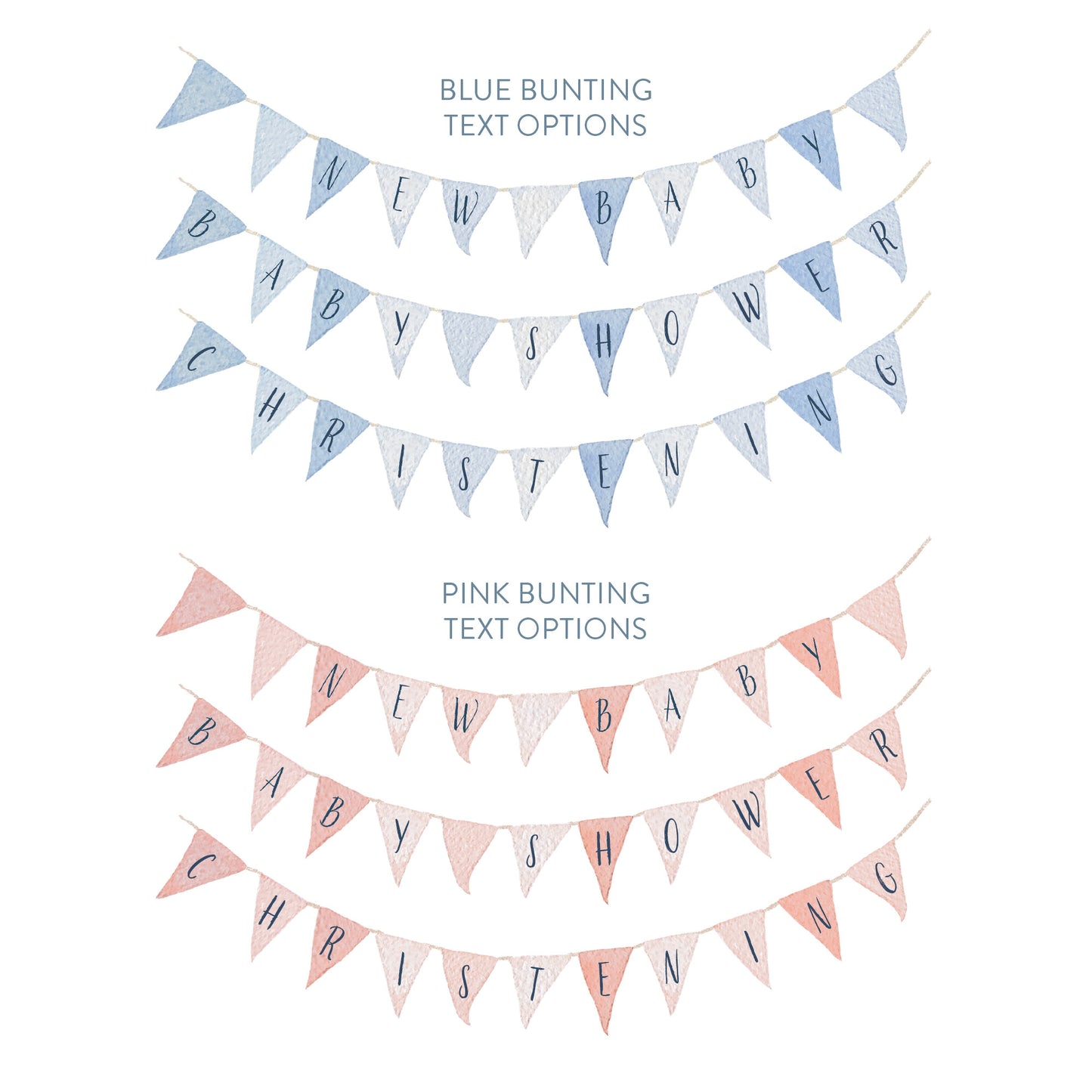 Blue and Pink Bunting examples of how you can personalise your beautiful, customised baby shower, christening, new baby wooden boxes
