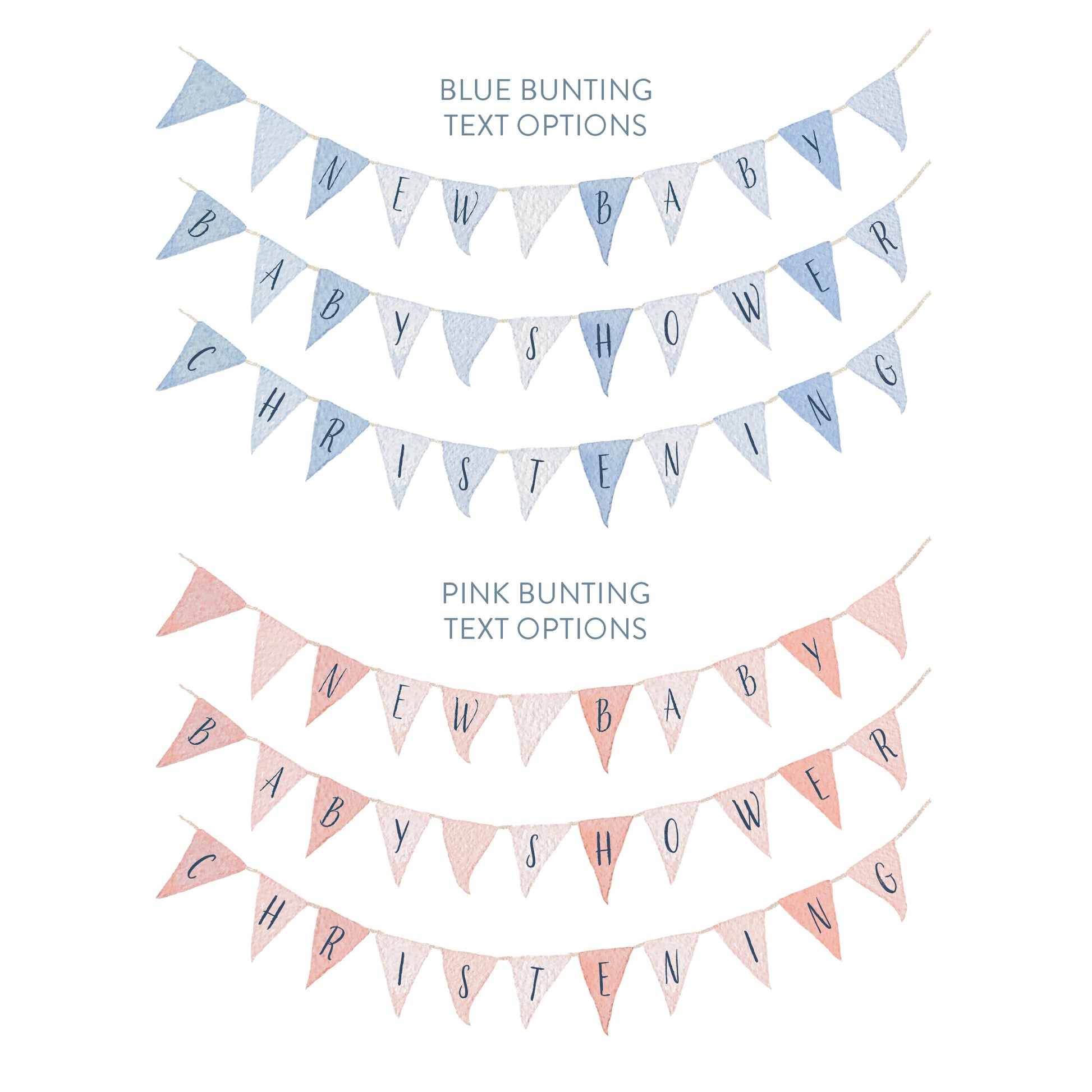 Blue and Pink Bunting examples of how you can personalise your beautiful, customised baby shower, christening, new baby wooden boxes