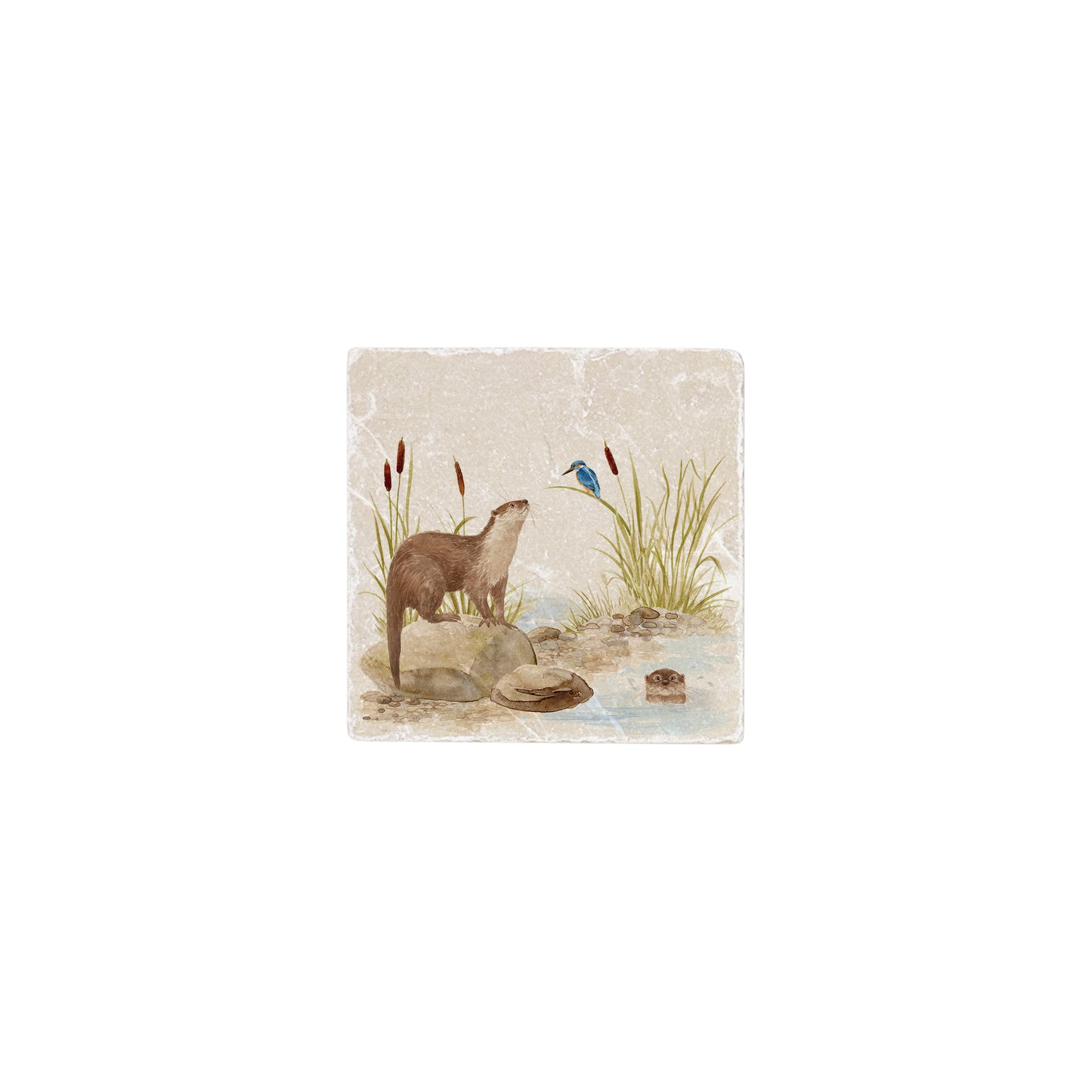 Otter and Kingfisher watercolour design on a kitchen/wall tile which is perfect for all home renovations