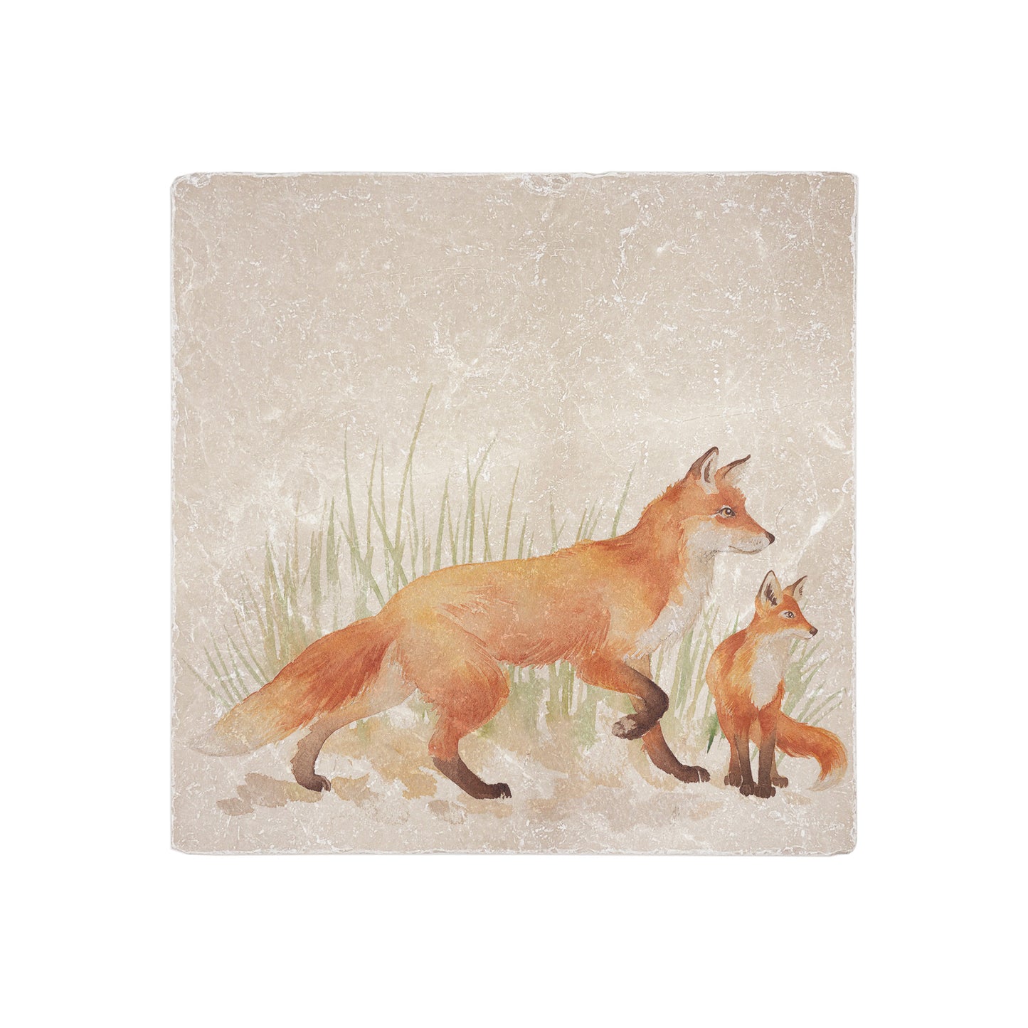 A handmade cream marble splashback tile featuring a watercolour countryside animal design of a fox and her fox cub in grass.