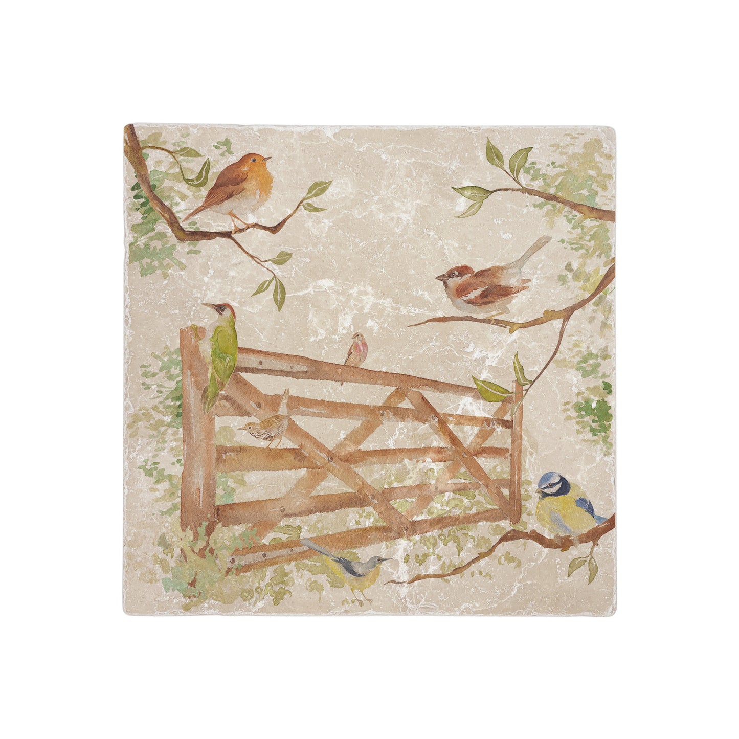 A handmade cream marble splashback tile featuring a watercolour countryside animal design of garden birds surrounding a paddock gate.