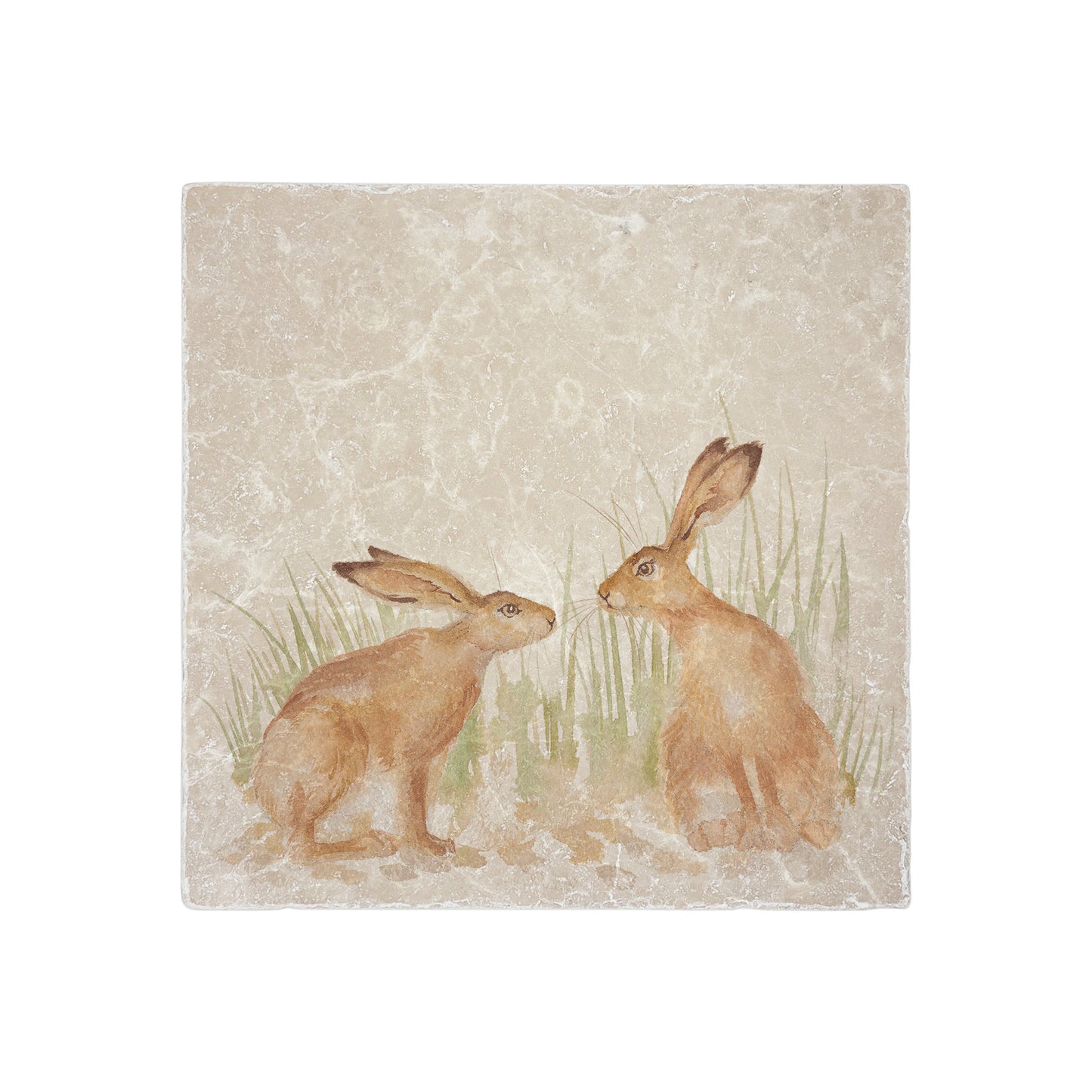 A handmade cream marble splashback tile featuring a watercolour countryside animal design of two hares in grass facing each other about to touch noses.