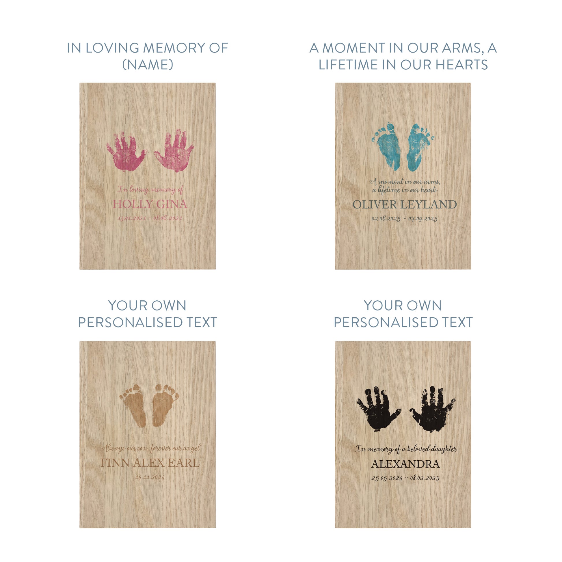 Phrase options for memorial oak book photo frame with personalised name, colour and text.
