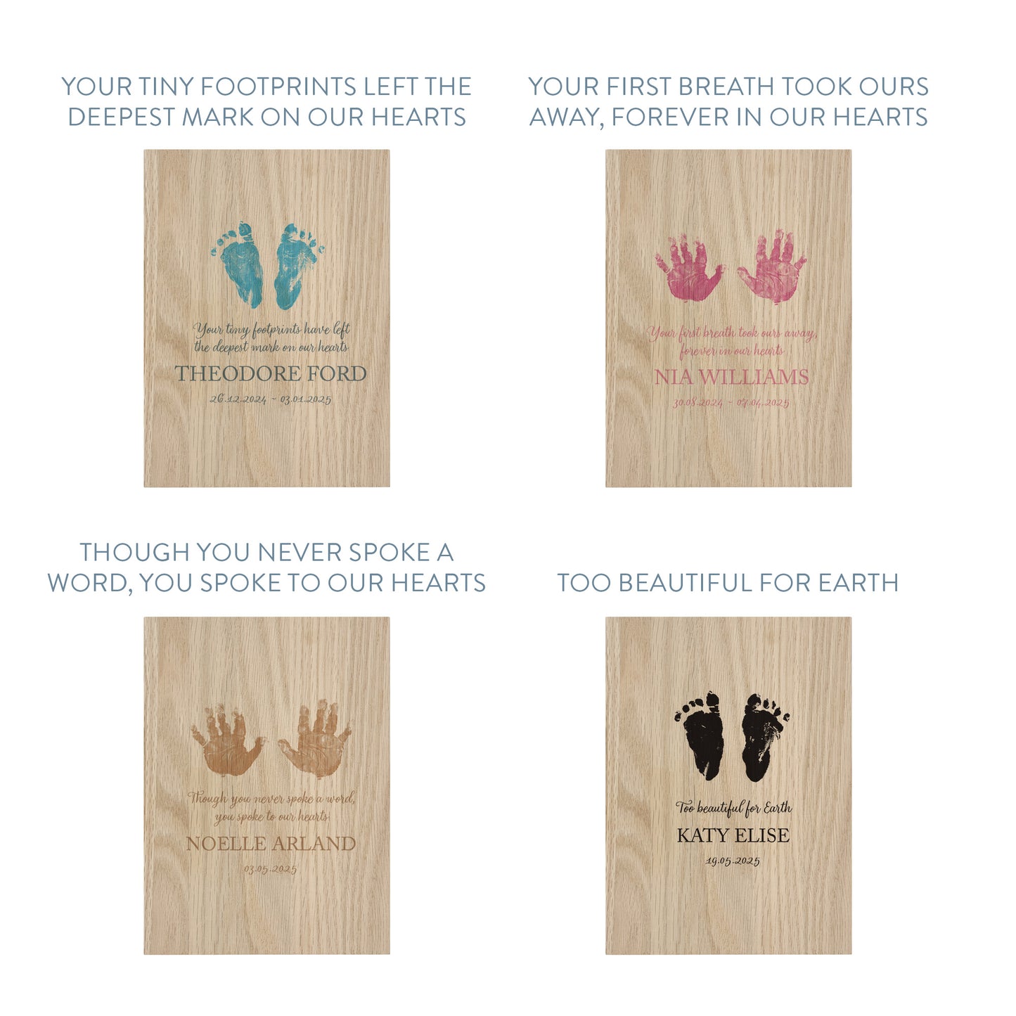 Phrase options for memorial oak book photo frame with personalised name, colour and text.