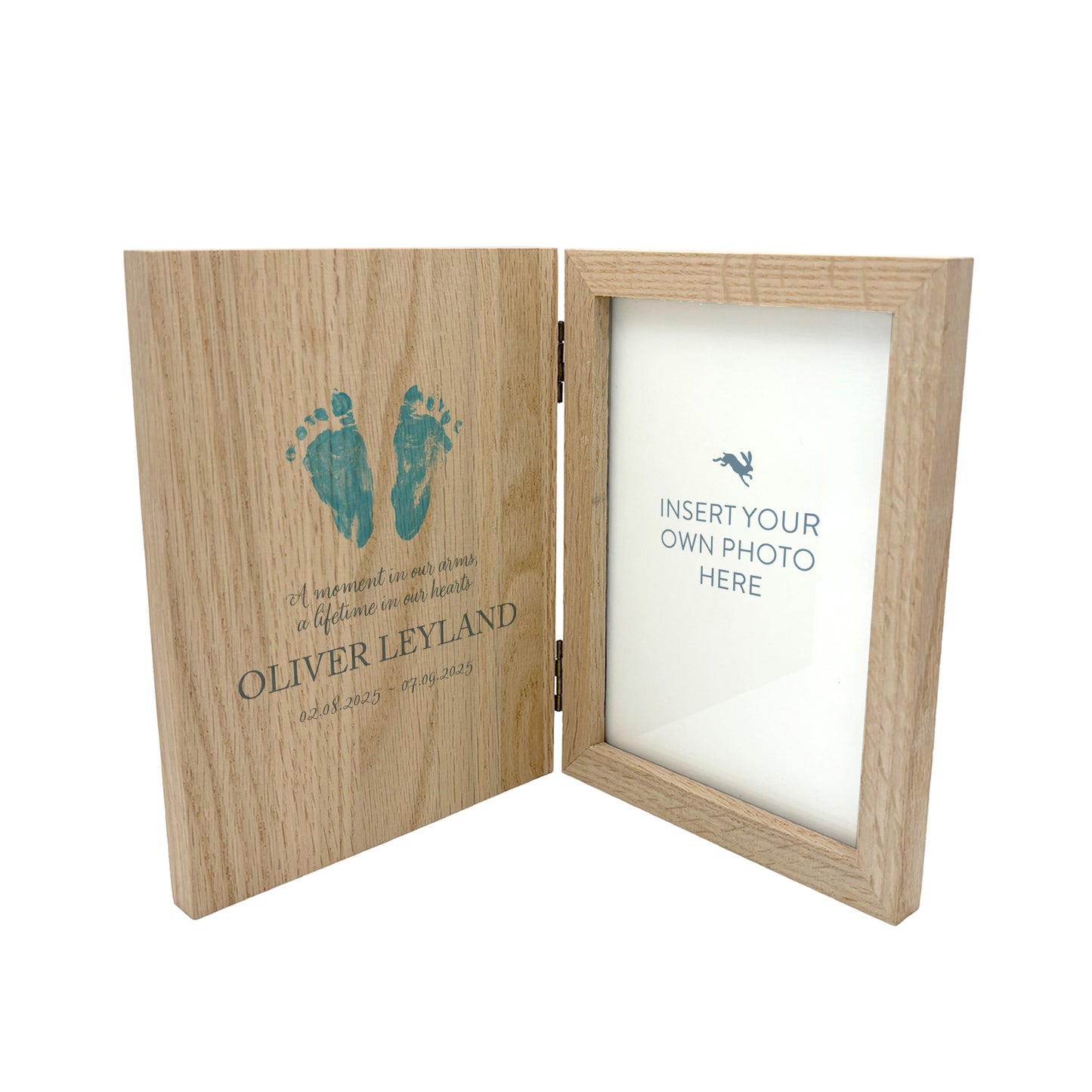Wooden book memorial photo frame with baby footprints and personalised text. 
