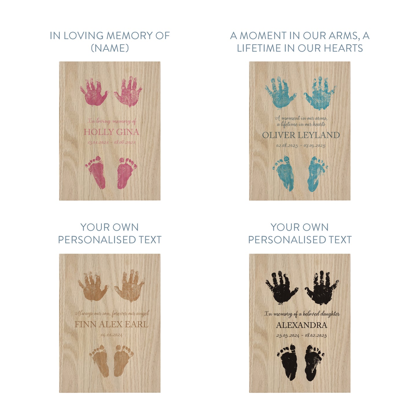 Phrase options for memorial oak book photo frame with personalised hand and footprints, name, colour and text.