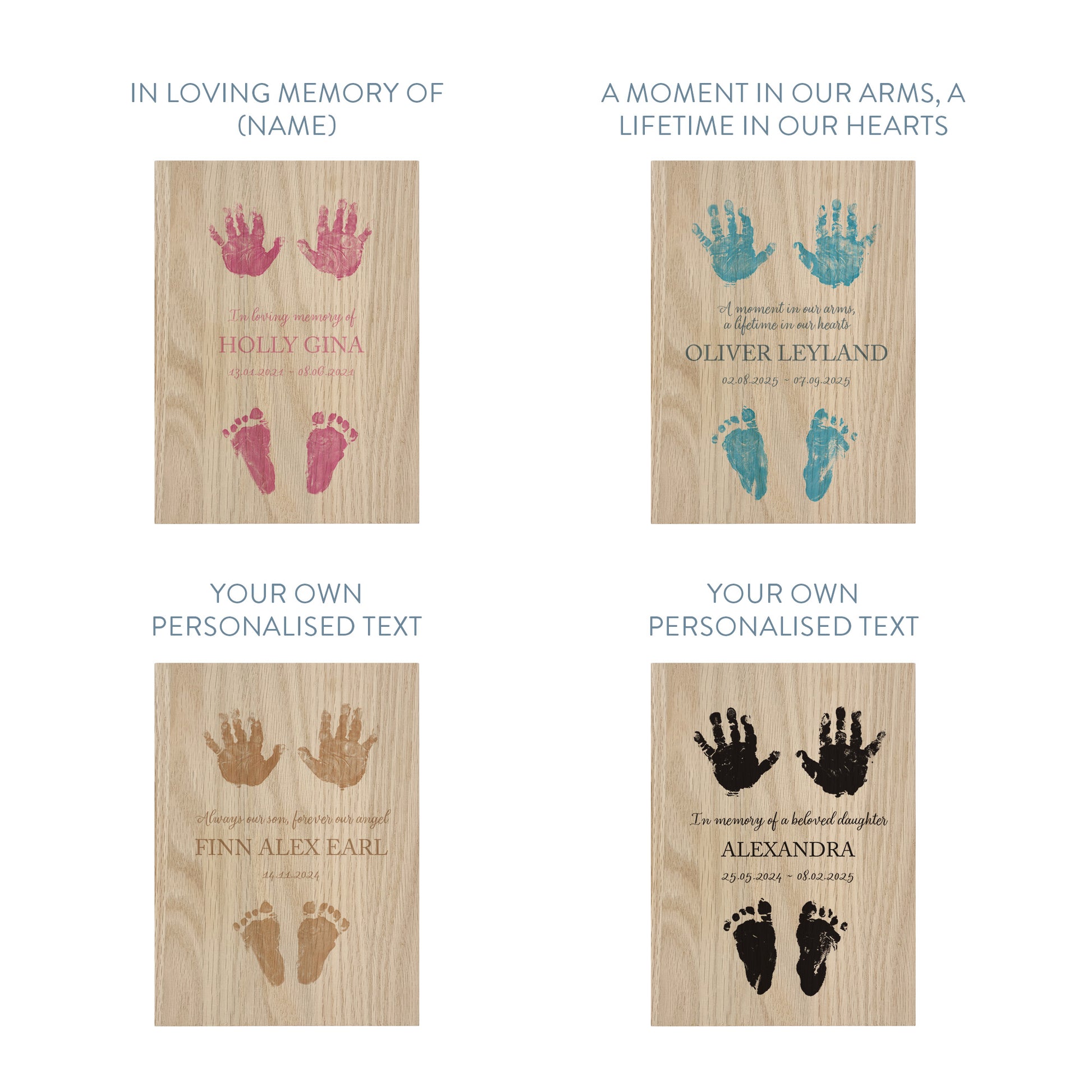 Phrase options for memorial oak book photo frame with personalised hand and footprints, name, colour and text.