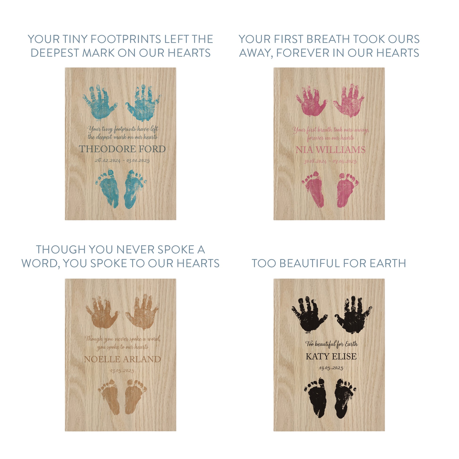 Phrase options for memorial oak book photo frame with personalised hand and footprints, name, colour and text.